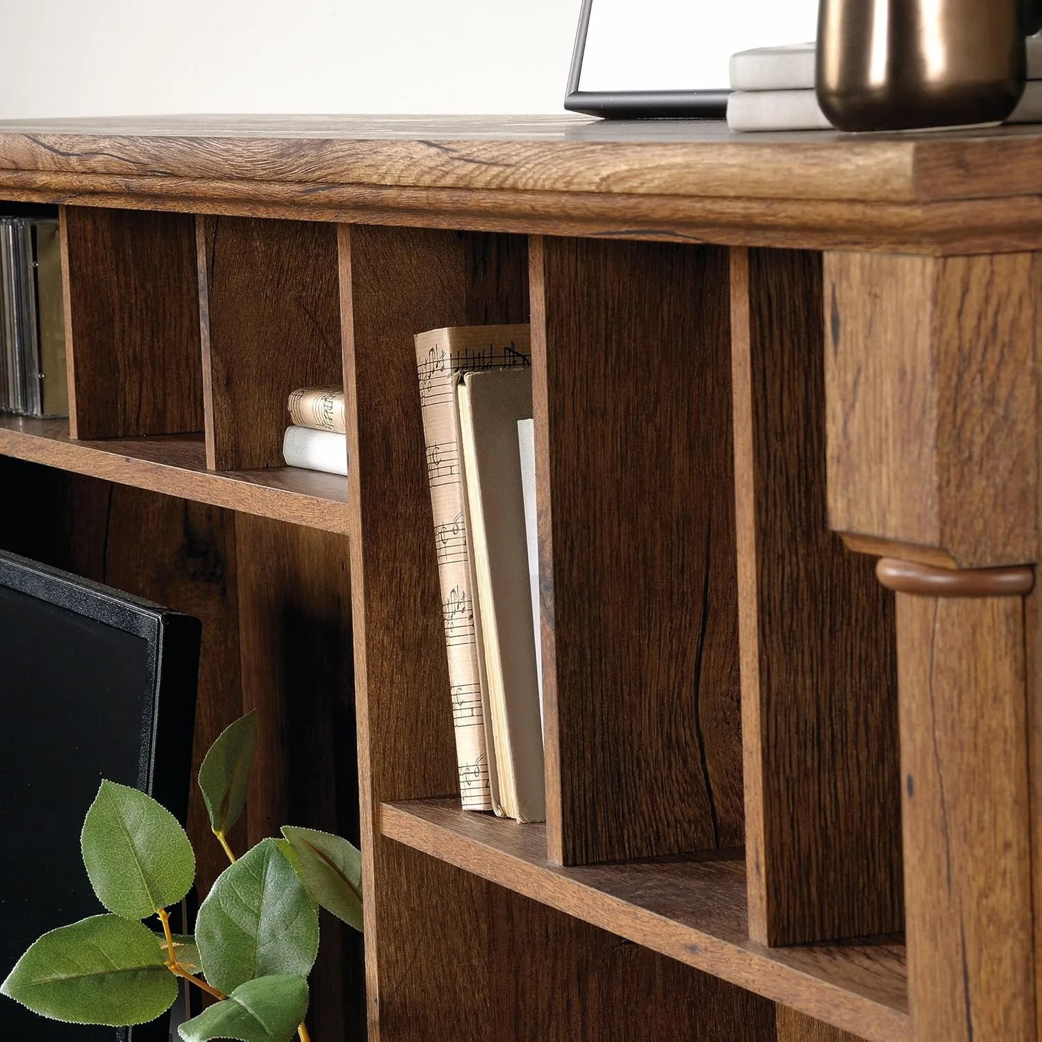 Sauder Palladia Computer Desk with Hutch, Home Office Desk with Drawers, File Cabinet Storage Drawer, Cable Management, Keyboard Tray, in Vintage Oak finish