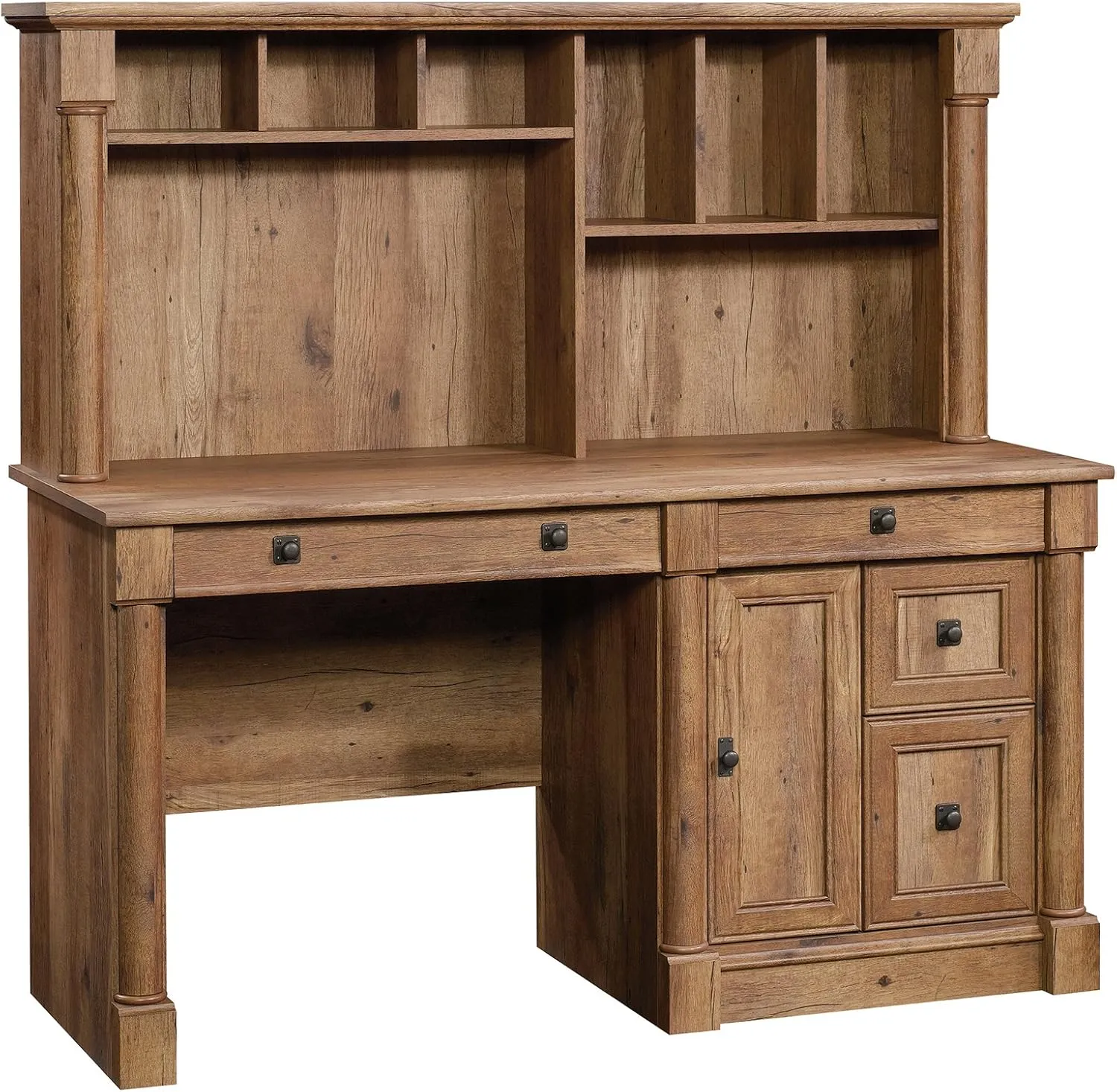 Sauder Palladia Computer Desk with Hutch, Home Office Desk with Drawers, File Cabinet Storage Drawer, Cable Management, Keyboard Tray, in Vintage Oak finish