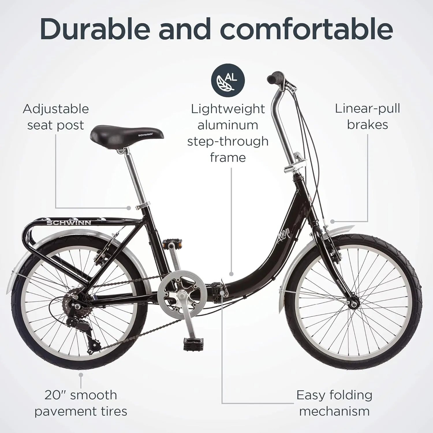 Schwinn Loop Folding Bike for Adult Men Women, 20-inch Wheels, 7-Speed Drivetrain, Rear Cargo Rack, Carrying Bag Included for Storage