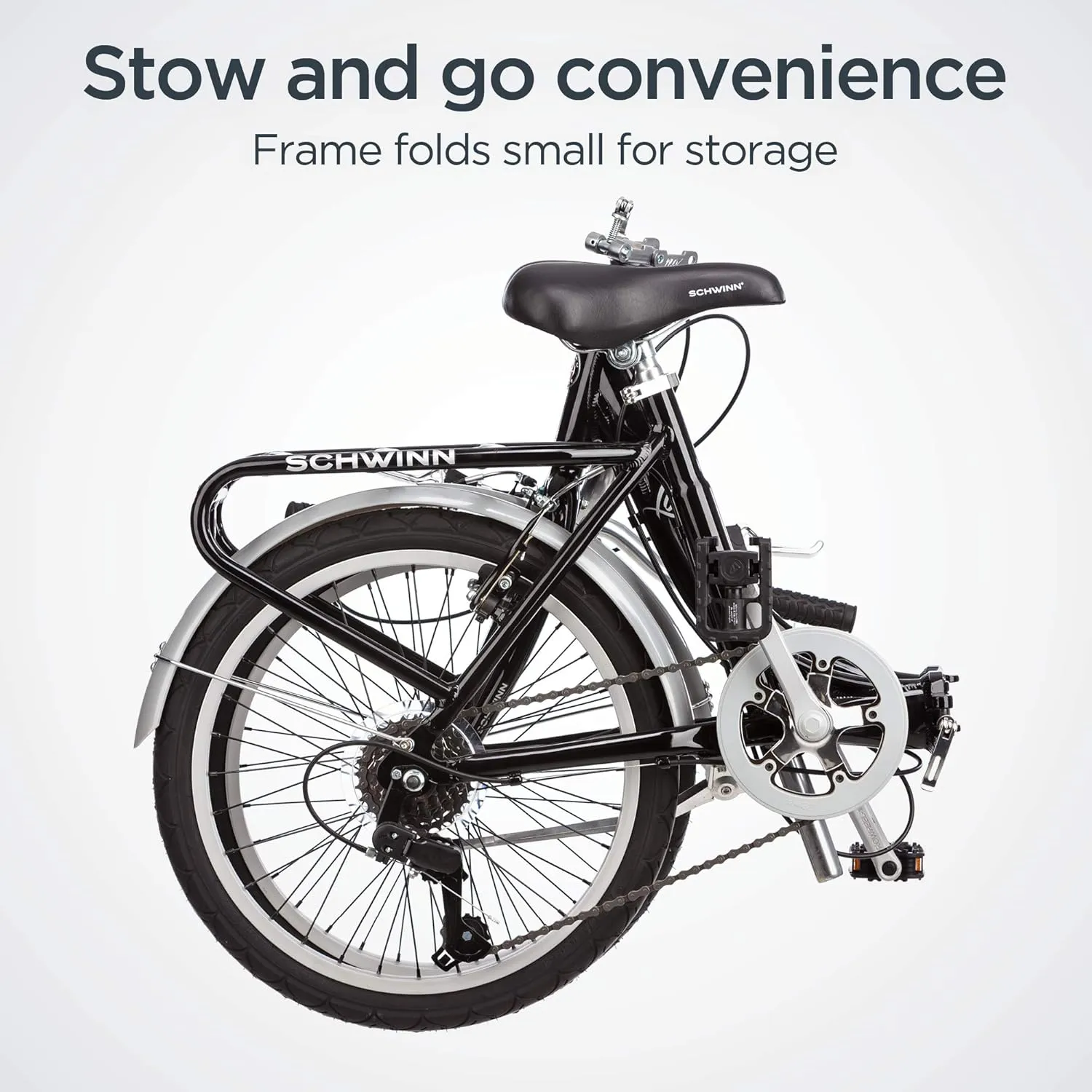 Schwinn Loop Folding Bike for Adult Men Women, 20-inch Wheels, 7-Speed Drivetrain, Rear Cargo Rack, Carrying Bag Included for Storage