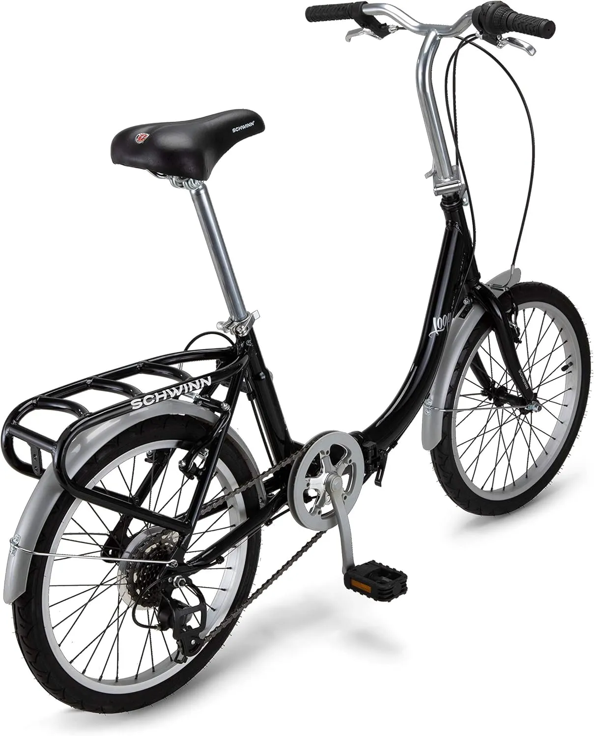 Schwinn Loop Folding Bike for Adult Men Women, 20-inch Wheels, 7-Speed Drivetrain, Rear Cargo Rack, Carrying Bag Included for Storage