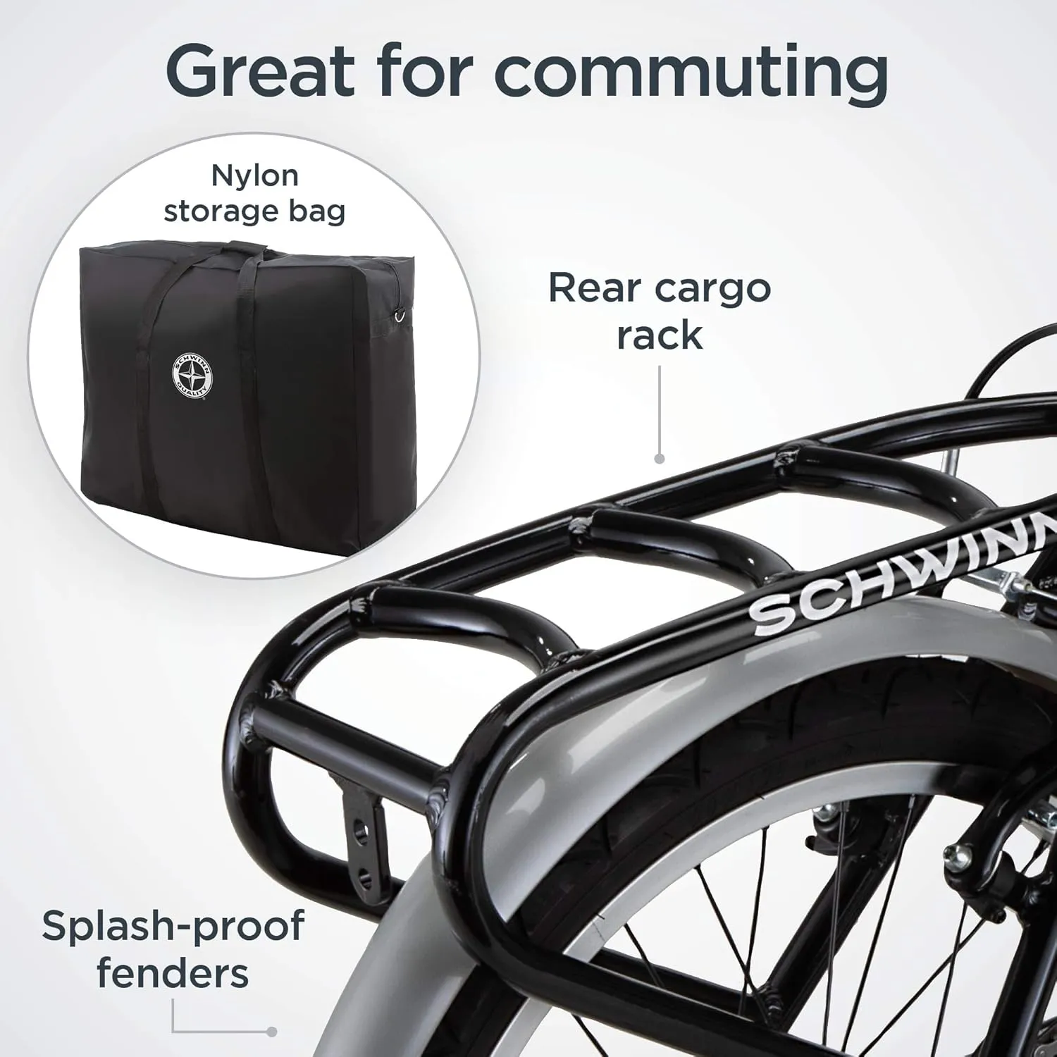 Schwinn Loop Folding Bike for Adult Men Women, 20-inch Wheels, 7-Speed Drivetrain, Rear Cargo Rack, Carrying Bag Included for Storage