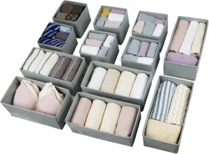 Set of 12 Drawer Organizer, Fabric Closet Organizer and Storage Baskets,Foldable Drawer Divider for Clothing,Sock,Ties,Underwear Drawer Organizers,Set of Cabinet Storage Boxes (Gray)