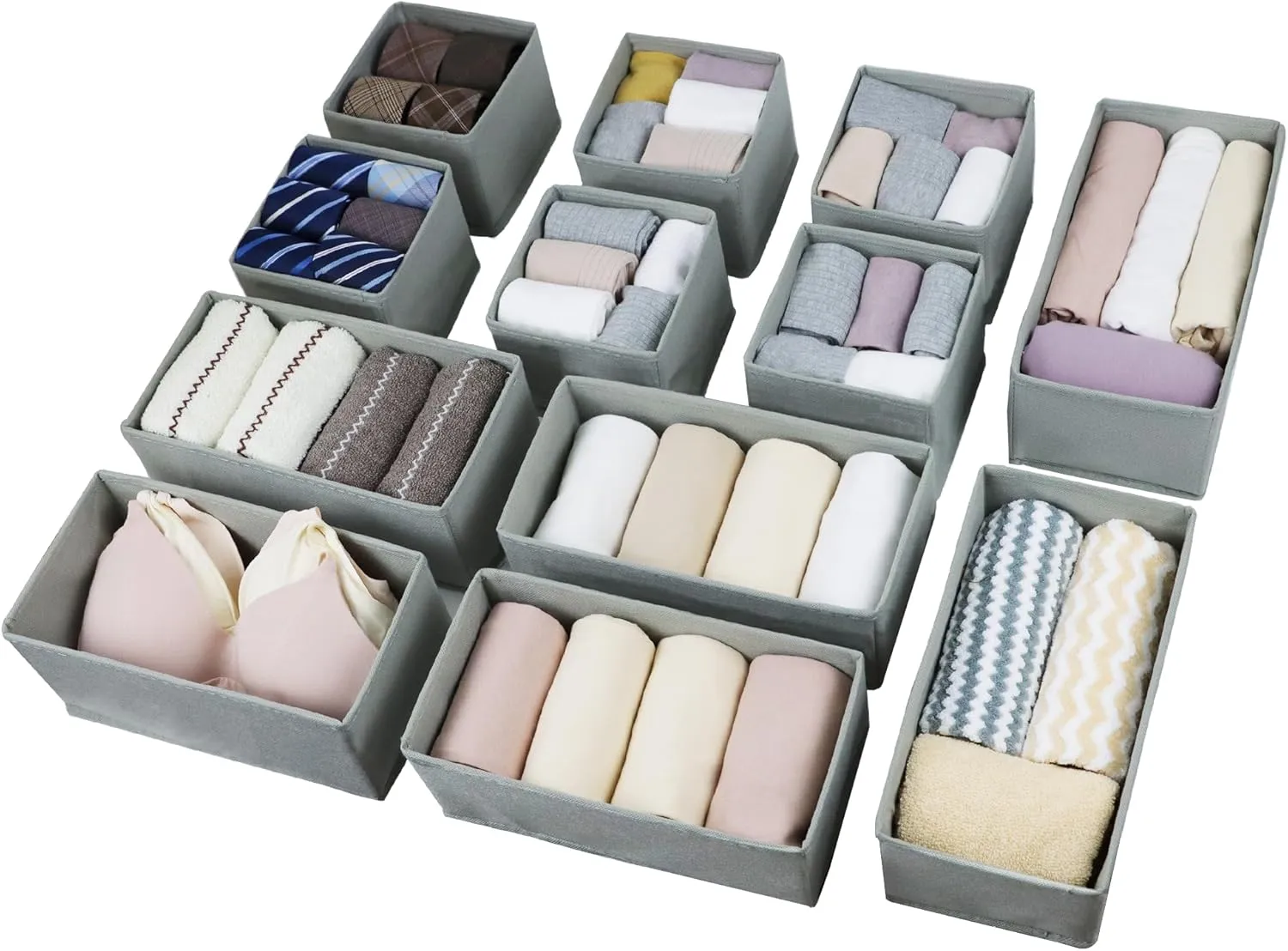 Set of 12 Drawer Organizer, Fabric Closet Organizer and Storage Baskets,Foldable Drawer Divider for Clothing,Sock,Ties,Underwear Drawer Organizers,Set of Cabinet Storage Boxes (Gray)
