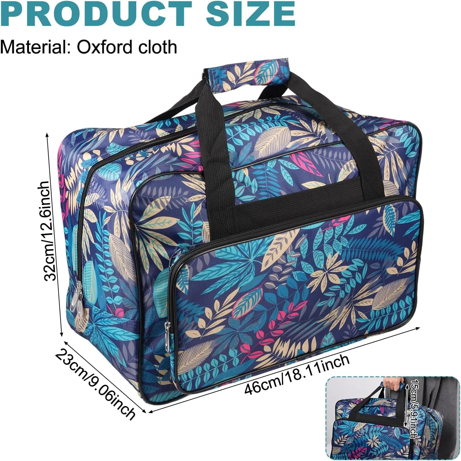 Sewing Machine Carrying Tote, Large Capacity Nylon Storage Bags Compatible with Most Standard Machine, Sew Accessories Tools Organizer, Universal Travel Tote Bag for Craft, Malachite Green, Art Deco