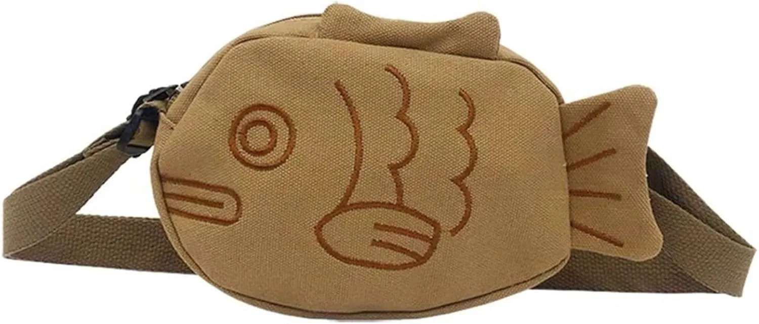 Shoulder Pouch Cute Fish Shape Canvas Shoulder Bags Crossbody Fanny Pack Outdoors Sport Waist Bag Zipper Purse Student Phone Bag