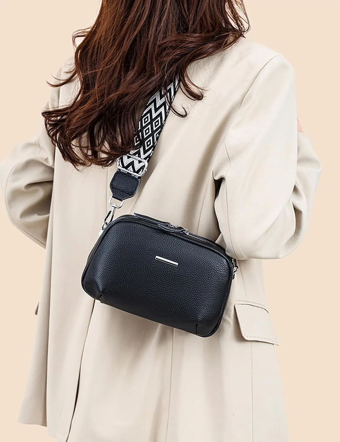 Simple Fashion Real Genuine Leather Crossbody Bag For Women Shoulder Bags with Geometric Pattern Strap For Women
