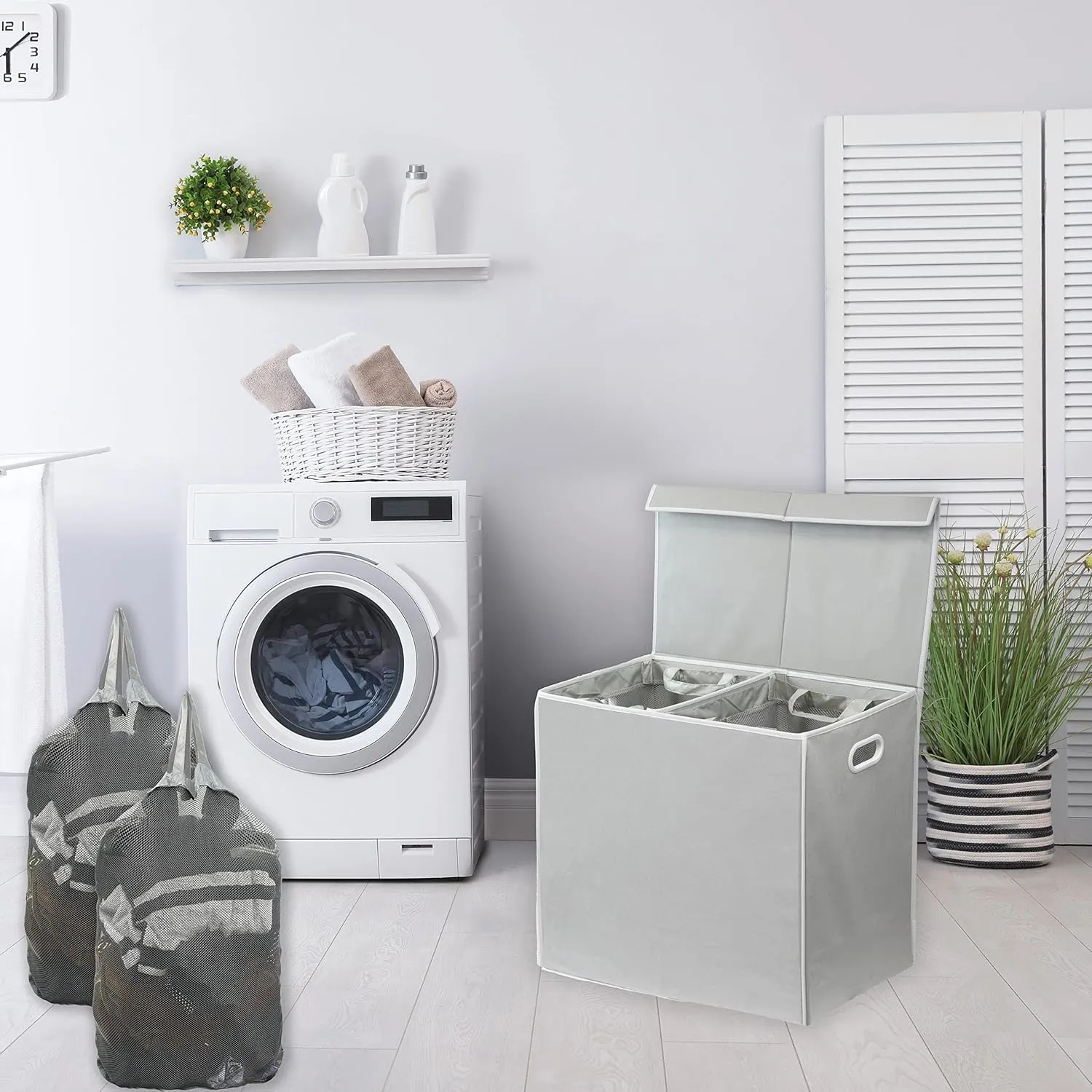 Simple Houseware Double Laundry Hamper with Lid and Removable Bags, Grey