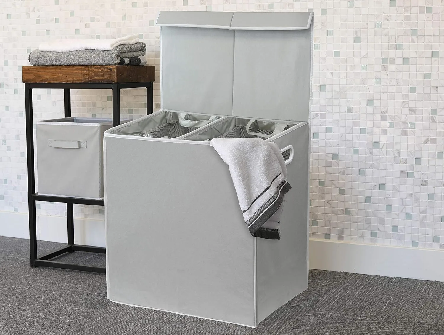 Simple Houseware Double Laundry Hamper with Lid and Removable Bags, Grey