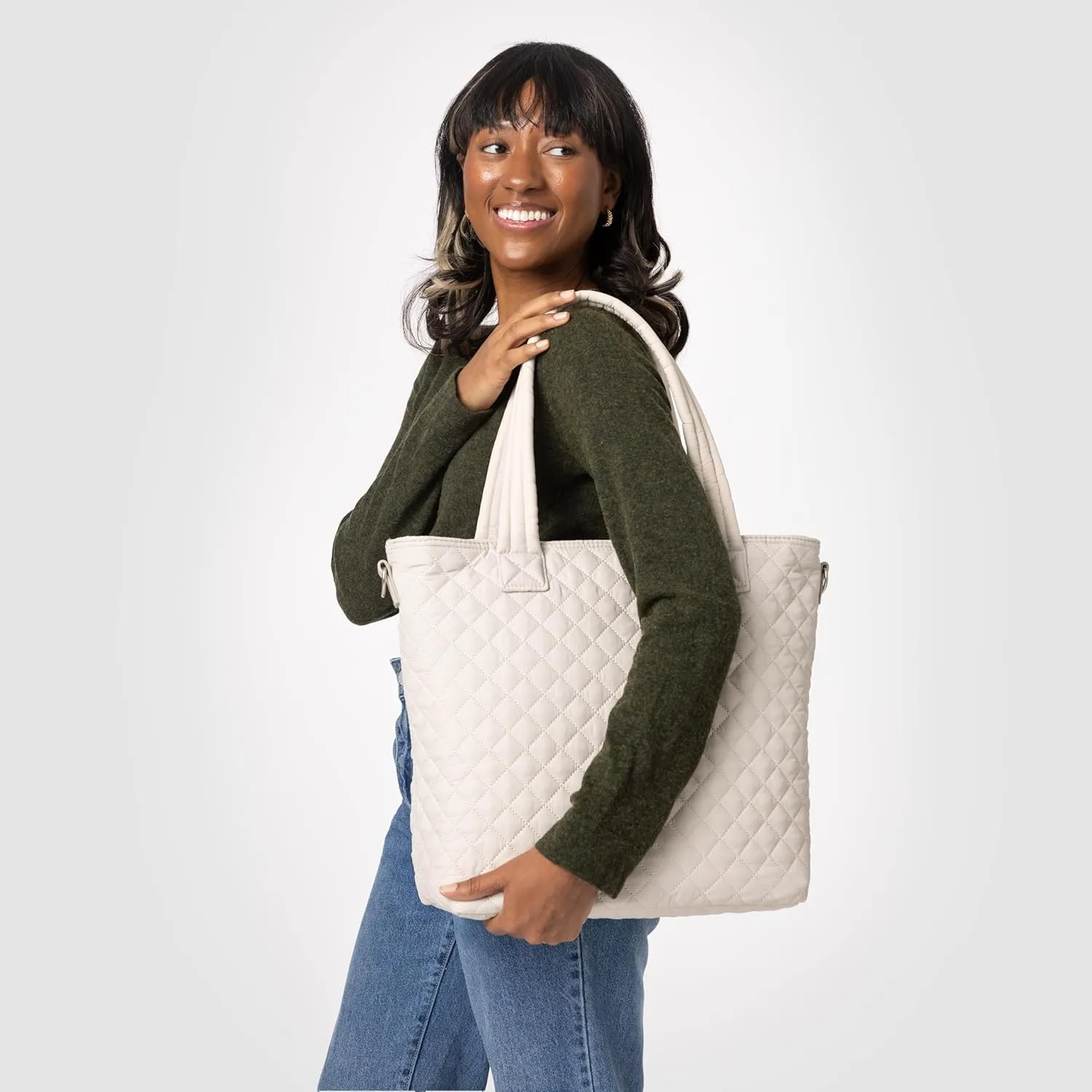 Simple Modern Quilted Tote Bag for Women | Medium Size w/Compartments & Laptop Sleeve | Adjustable Strap | Zipper Top