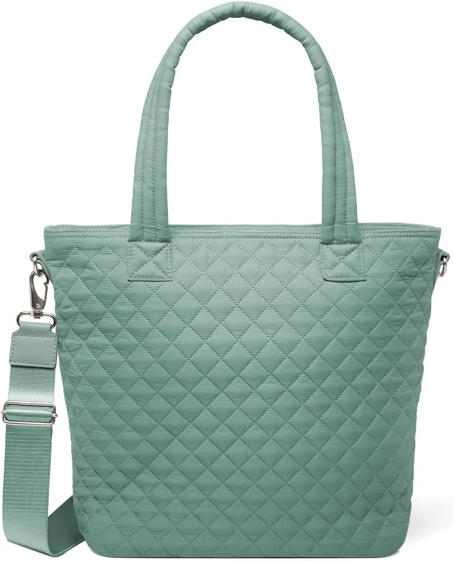 Simple Modern Quilted Tote Bag for Women | Medium Size w/Compartments & Laptop Sleeve | Adjustable Strap | Zipper Top