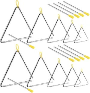 SINJEUN 10 Pack Musical Steel Triangle, 4, 5, 6, 7, 8 Inches Triangle Musical Instrument with Striker and Finger Holder, Triangle Hand Percussion Instrument for Music Learning and Teaching
