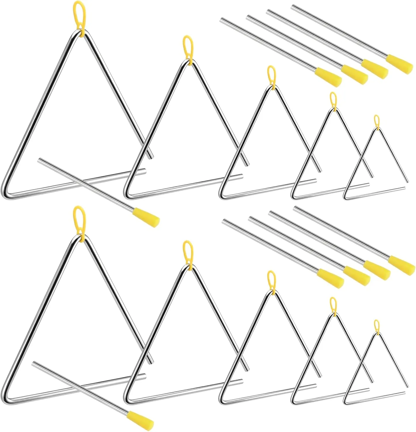 SINJEUN 10 Pack Musical Steel Triangle, 4, 5, 6, 7, 8 Inches Triangle Musical Instrument with Striker and Finger Holder, Triangle Hand Percussion Instrument for Music Learning and Teaching