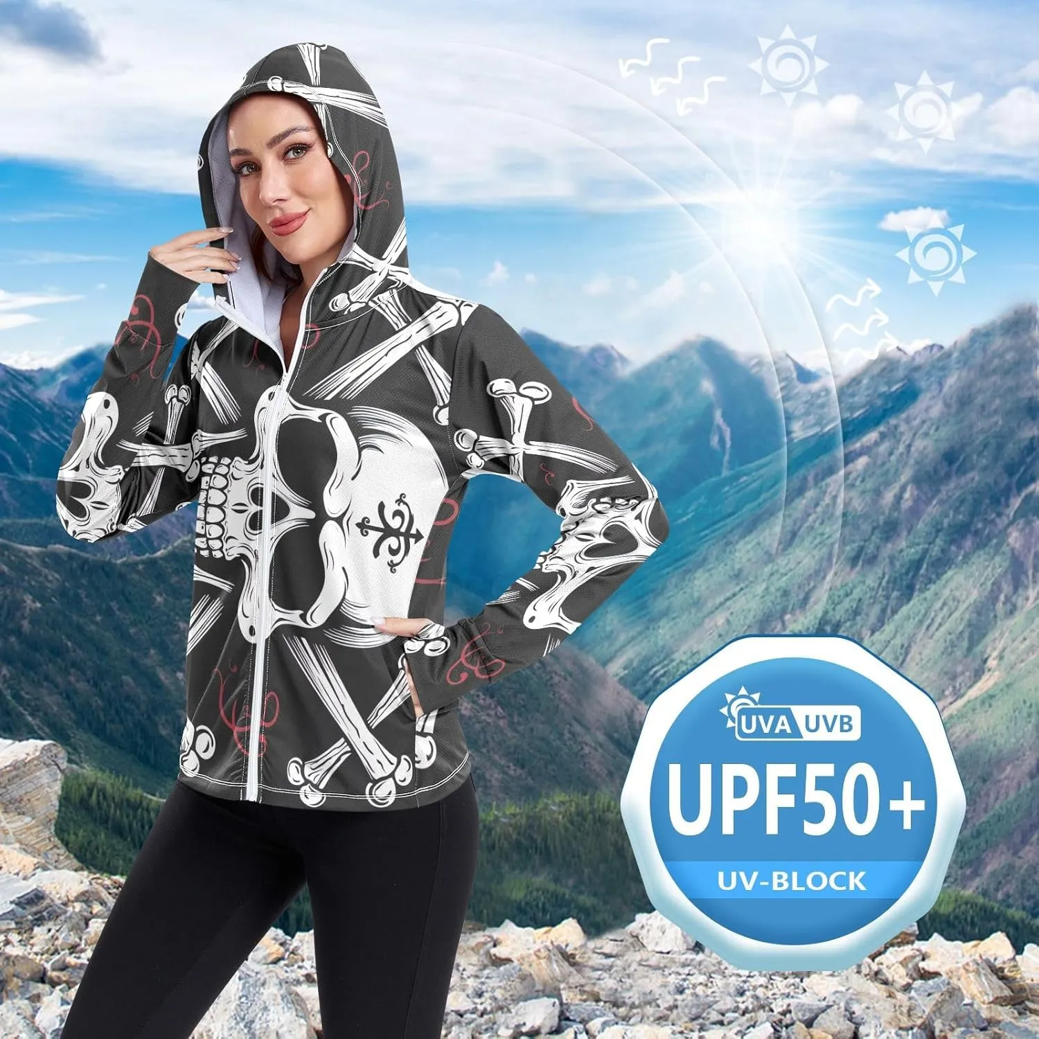Skull and Cross Bones Uv Light Clothing, Upf 50  Long Sleeve Sun Shirt Women, S-XXL