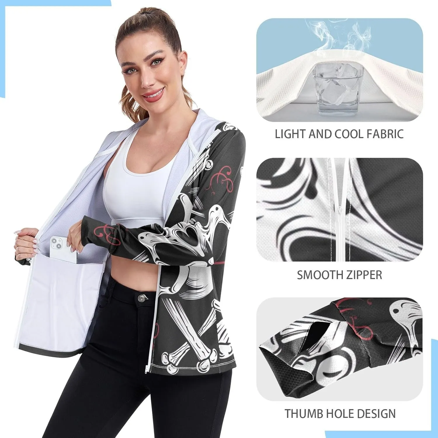 Skull and Cross Bones Uv Light Clothing, Upf 50  Long Sleeve Sun Shirt Women, S-XXL
