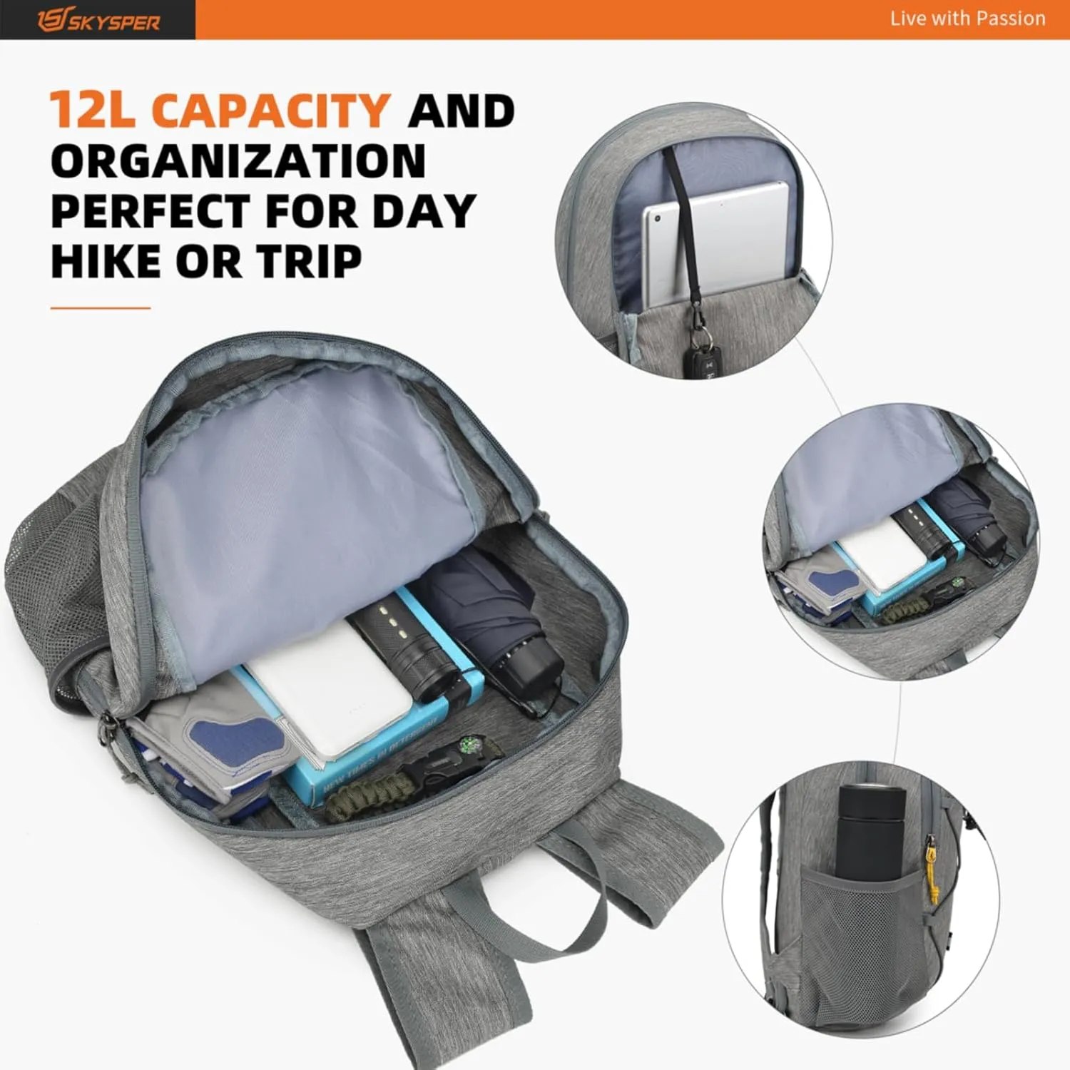 SKYSPER Small Hiking Backpack -12L Lightweight Packable Daypack for Travel Foldable Tear Resistant Backpacks for Women Men