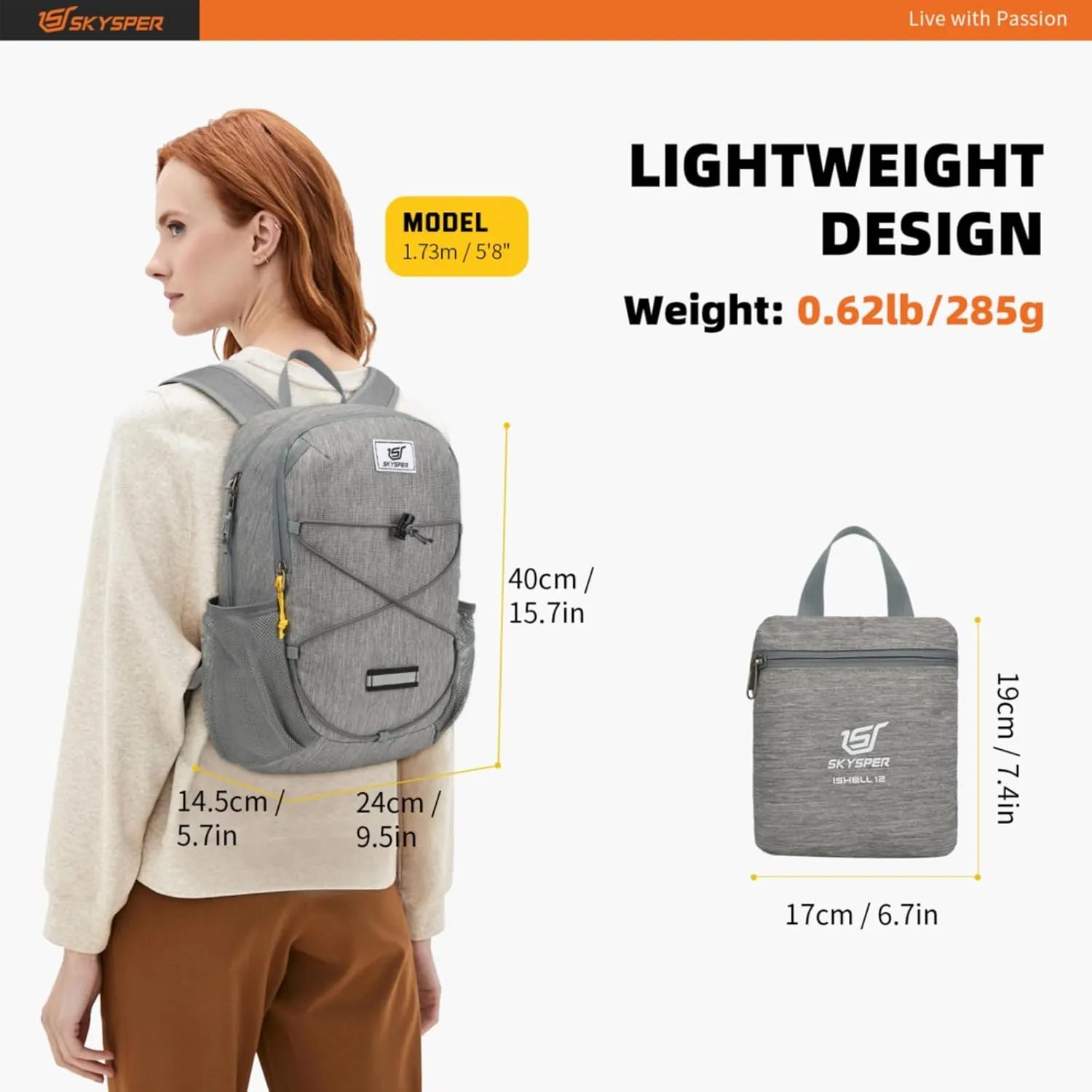 SKYSPER Small Hiking Backpack -12L Lightweight Packable Daypack for Travel Foldable Tear Resistant Backpacks for Women Men