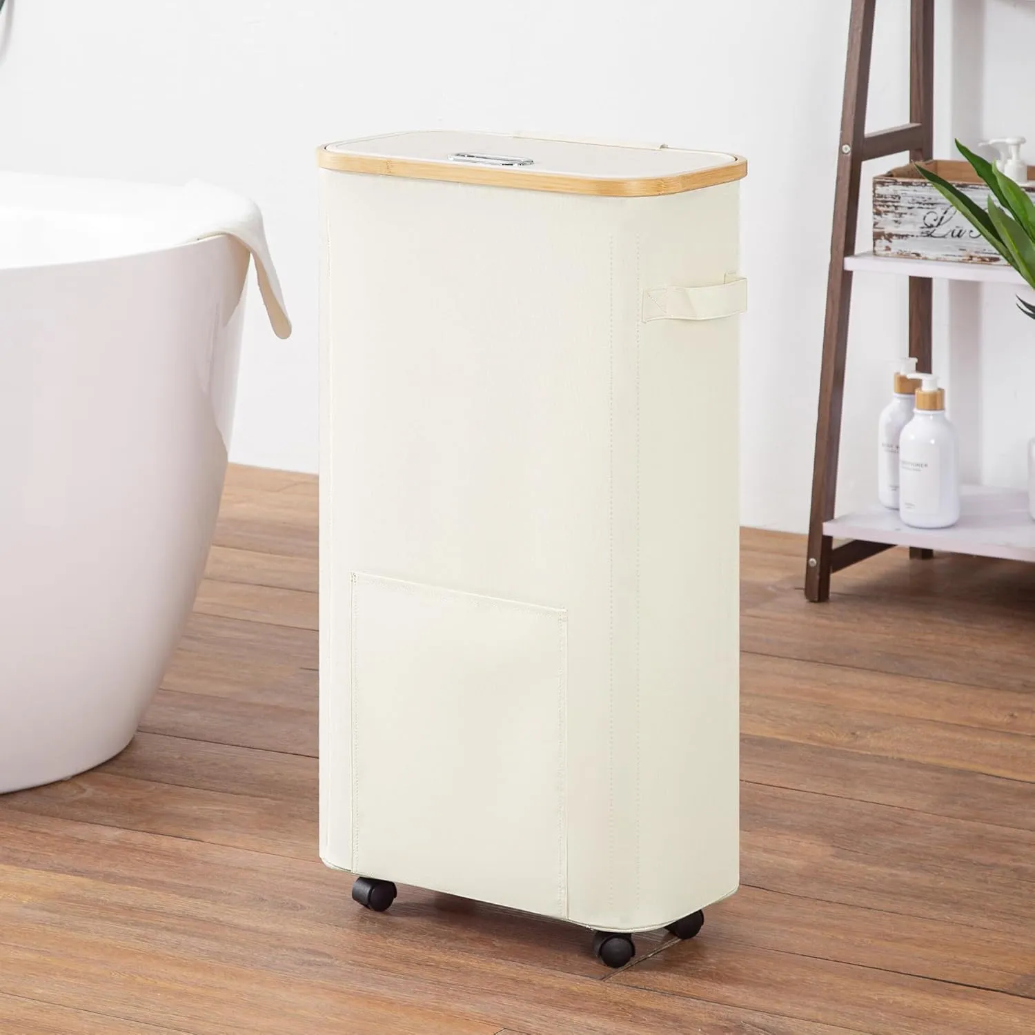 Slim Laundry Basket with Wheels, Tall Dirty Clothes Hamper on Wheels, Narrow Rolling Laundry Hamper with lid for Dorm, Bedroom and Bathroom, 65L Beige