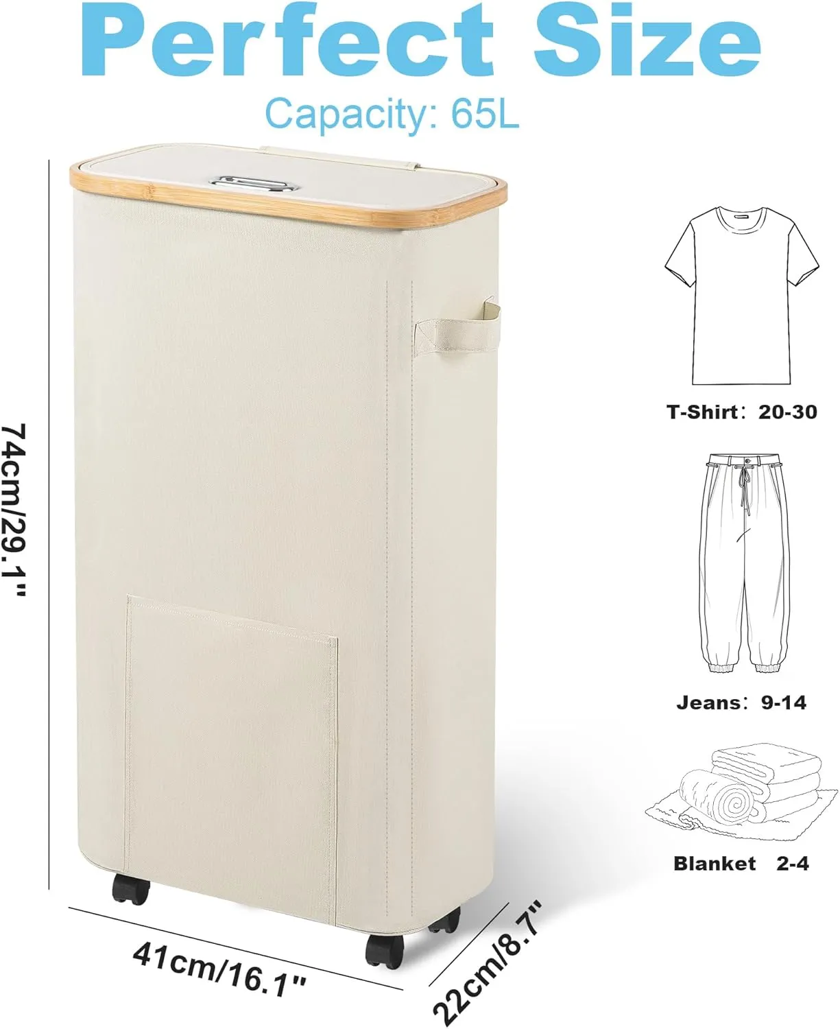 Slim Laundry Basket with Wheels, Tall Dirty Clothes Hamper on Wheels, Narrow Rolling Laundry Hamper with lid for Dorm, Bedroom and Bathroom, 65L Beige