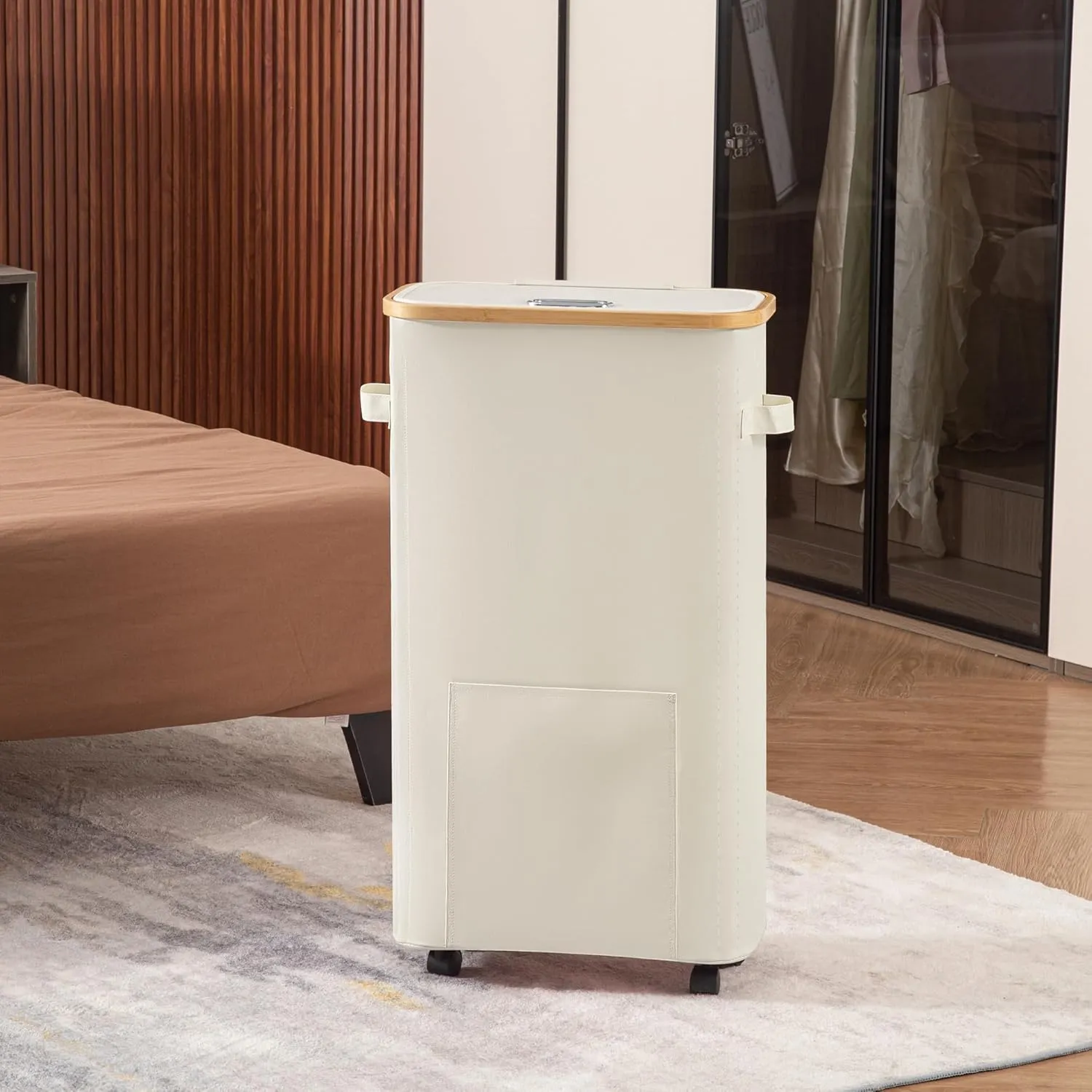 Slim Laundry Basket with Wheels, Tall Dirty Clothes Hamper on Wheels, Narrow Rolling Laundry Hamper with lid for Dorm, Bedroom and Bathroom, 65L Beige