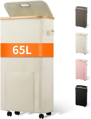 Slim Laundry Basket with Wheels, Tall Dirty Clothes Hamper on Wheels, Narrow Rolling Laundry Hamper with lid for Dorm, Bedroom and Bathroom, 65L Beige