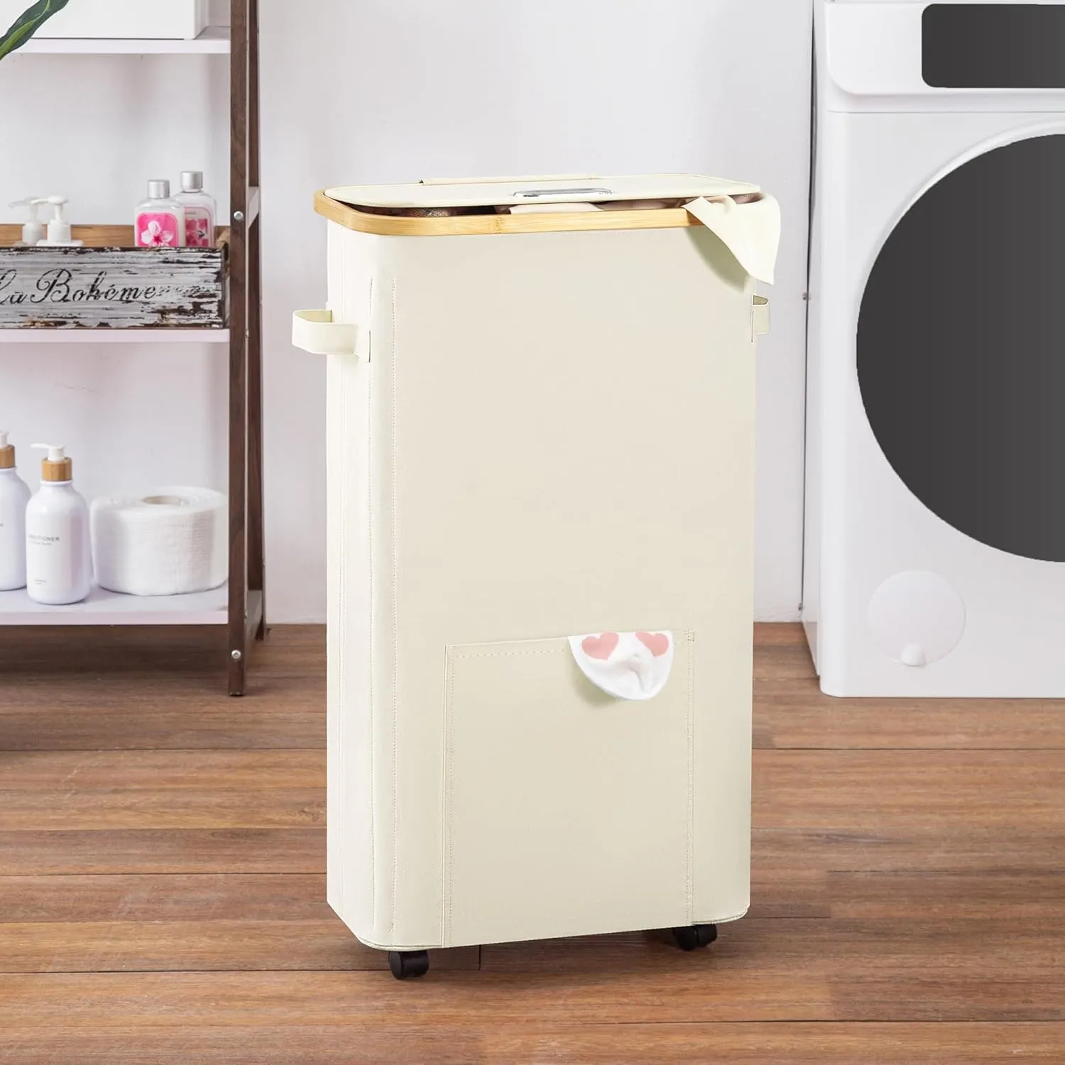 Slim Laundry Basket with Wheels, Tall Dirty Clothes Hamper on Wheels, Narrow Rolling Laundry Hamper with lid for Dorm, Bedroom and Bathroom, 65L Beige