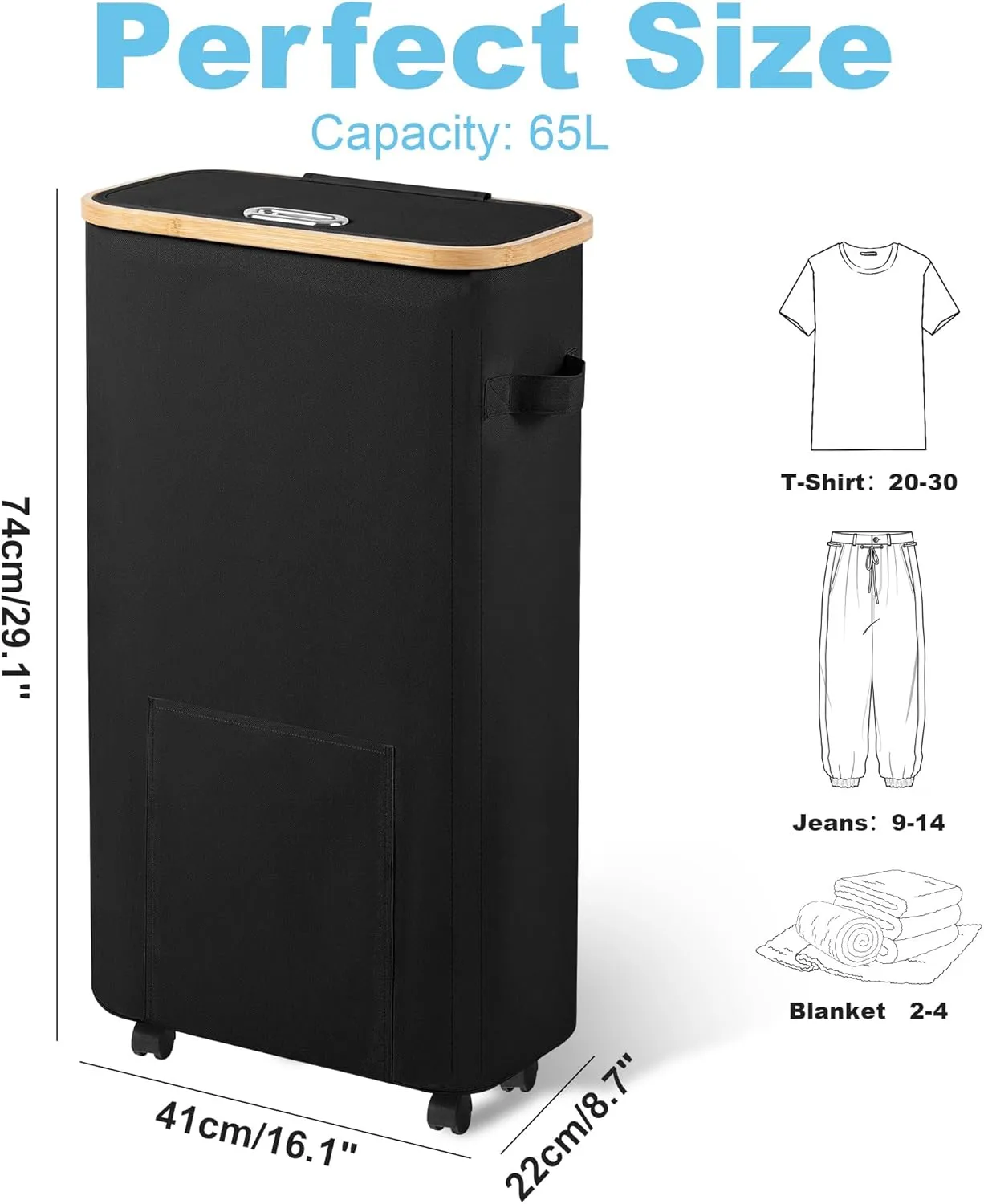 Slim Laundry Basket with Wheels, Tall Dirty Clothes Hamper on Wheels, Narrow Rolling Laundry Hamper with lid for Dorm, Bedroom and Bathroom, 65L Black