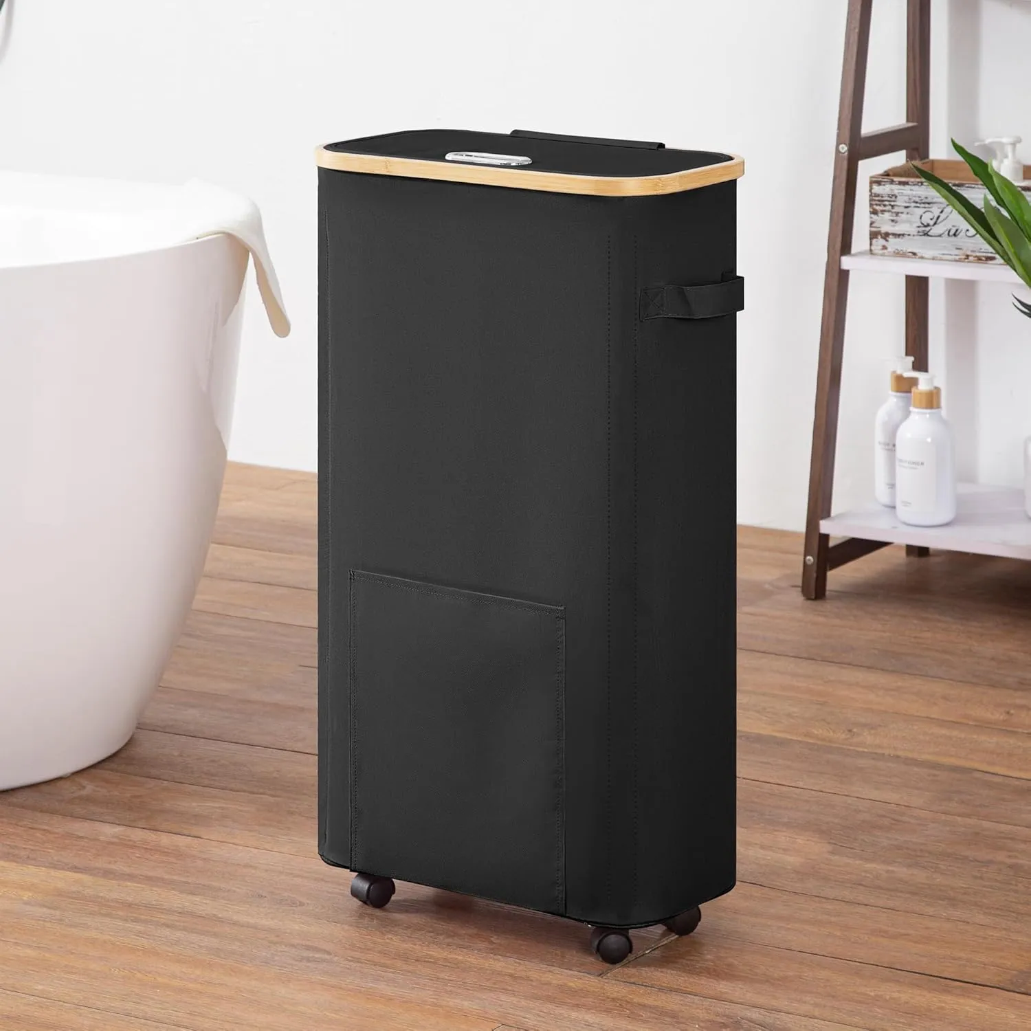 Slim Laundry Basket with Wheels, Tall Dirty Clothes Hamper on Wheels, Narrow Rolling Laundry Hamper with lid for Dorm, Bedroom and Bathroom, 65L Black