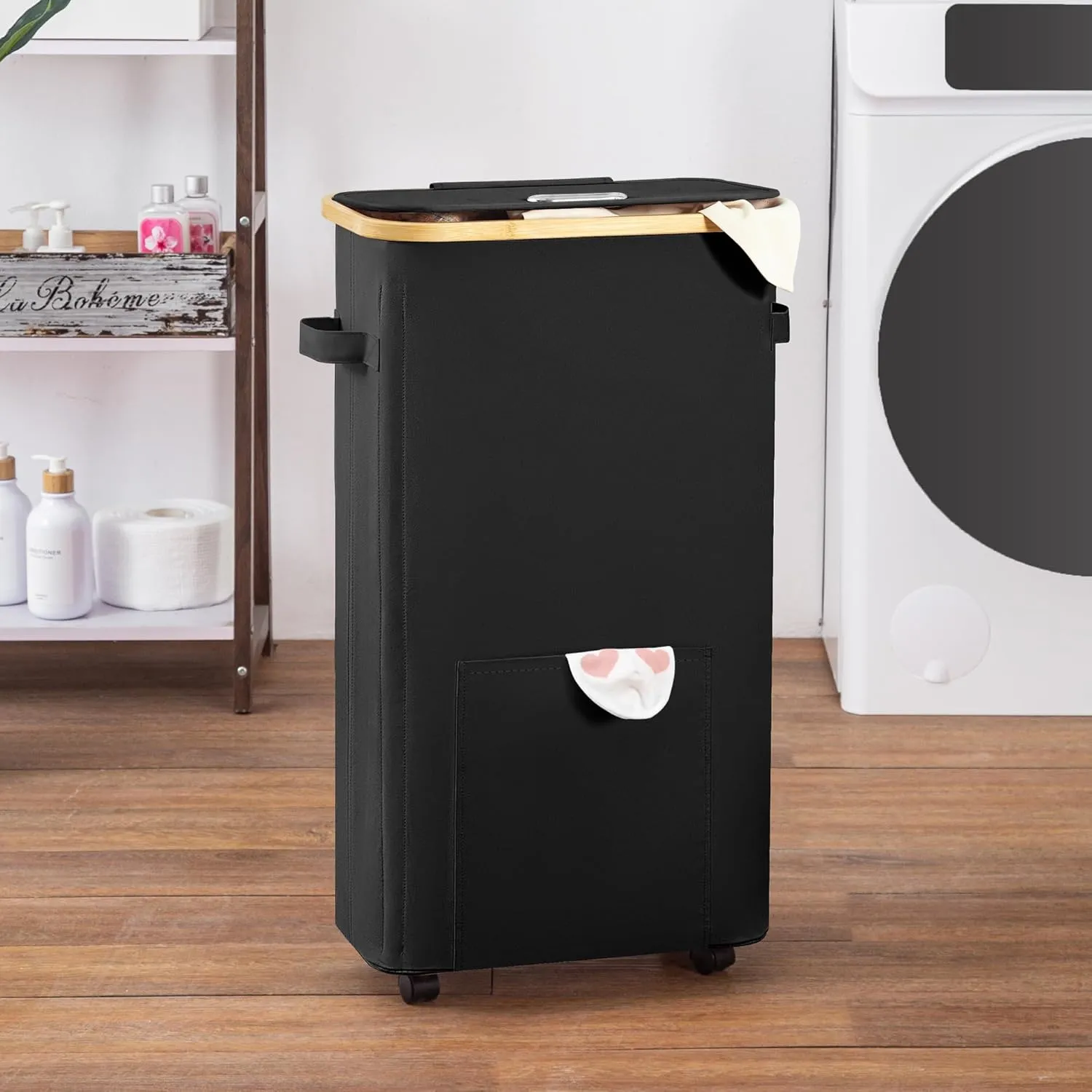 Slim Laundry Basket with Wheels, Tall Dirty Clothes Hamper on Wheels, Narrow Rolling Laundry Hamper with lid for Dorm, Bedroom and Bathroom, 65L Black