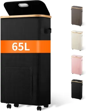 Slim Laundry Basket with Wheels, Tall Dirty Clothes Hamper on Wheels, Narrow Rolling Laundry Hamper with lid for Dorm, Bedroom and Bathroom, 65L Black