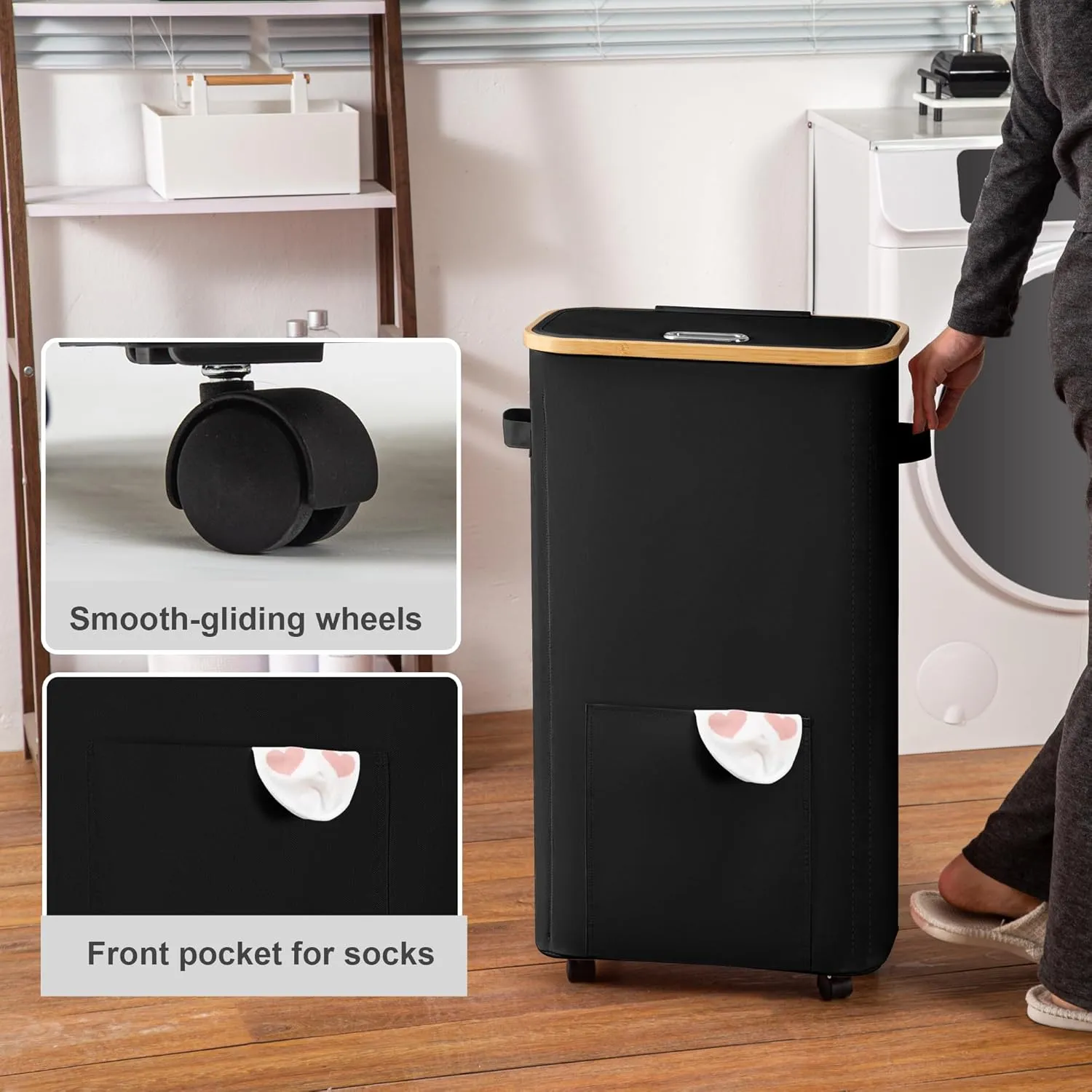 Slim Laundry Basket with Wheels, Tall Dirty Clothes Hamper on Wheels, Narrow Rolling Laundry Hamper with lid for Dorm, Bedroom and Bathroom, 65L Black