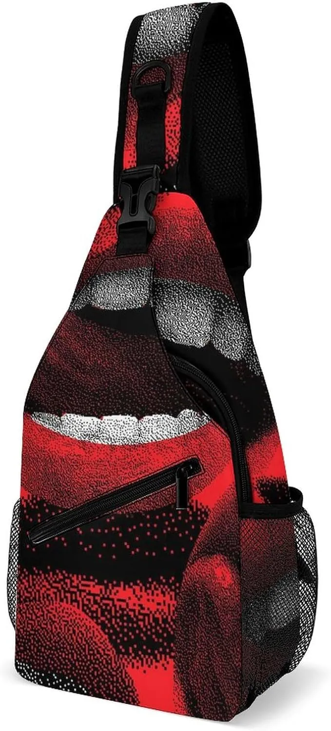 Sling Bag Chest Crossbody Backpack Red Sexy Mouth Tongue Travel Hiking Daypack for Women Men with Strap Purse Lightweight Chest Bags