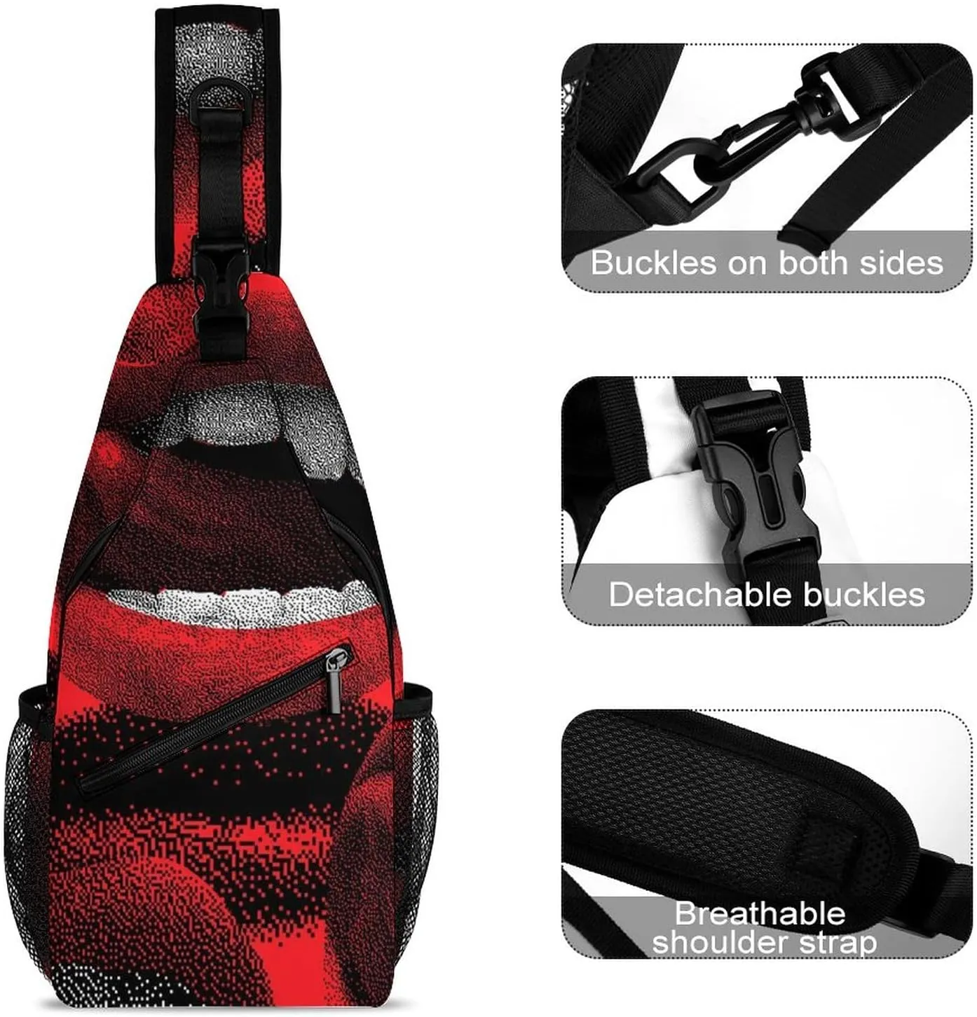 Sling Bag Chest Crossbody Backpack Red Sexy Mouth Tongue Travel Hiking Daypack for Women Men with Strap Purse Lightweight Chest Bags