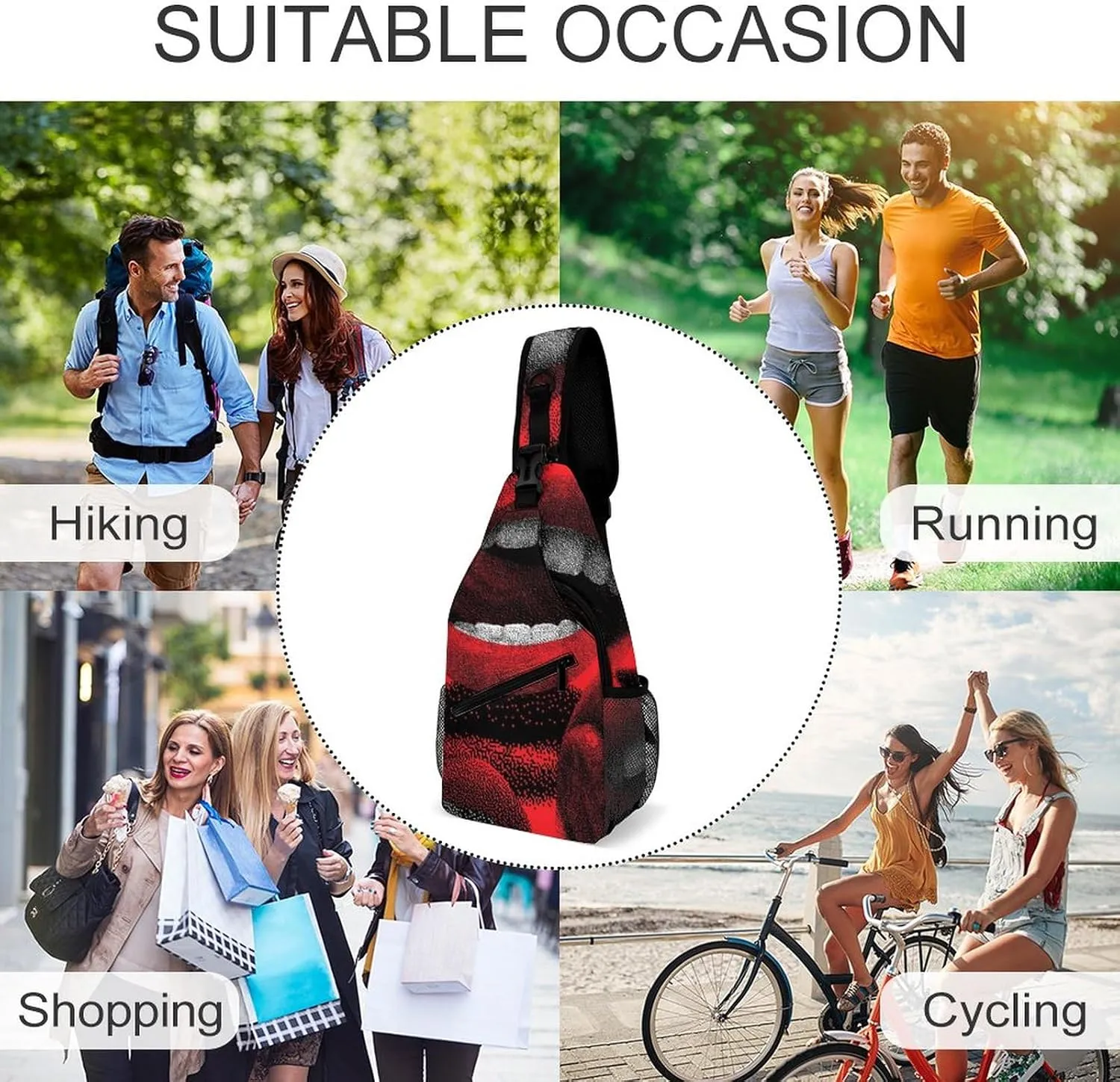 Sling Bag Chest Crossbody Backpack Red Sexy Mouth Tongue Travel Hiking Daypack for Women Men with Strap Purse Lightweight Chest Bags