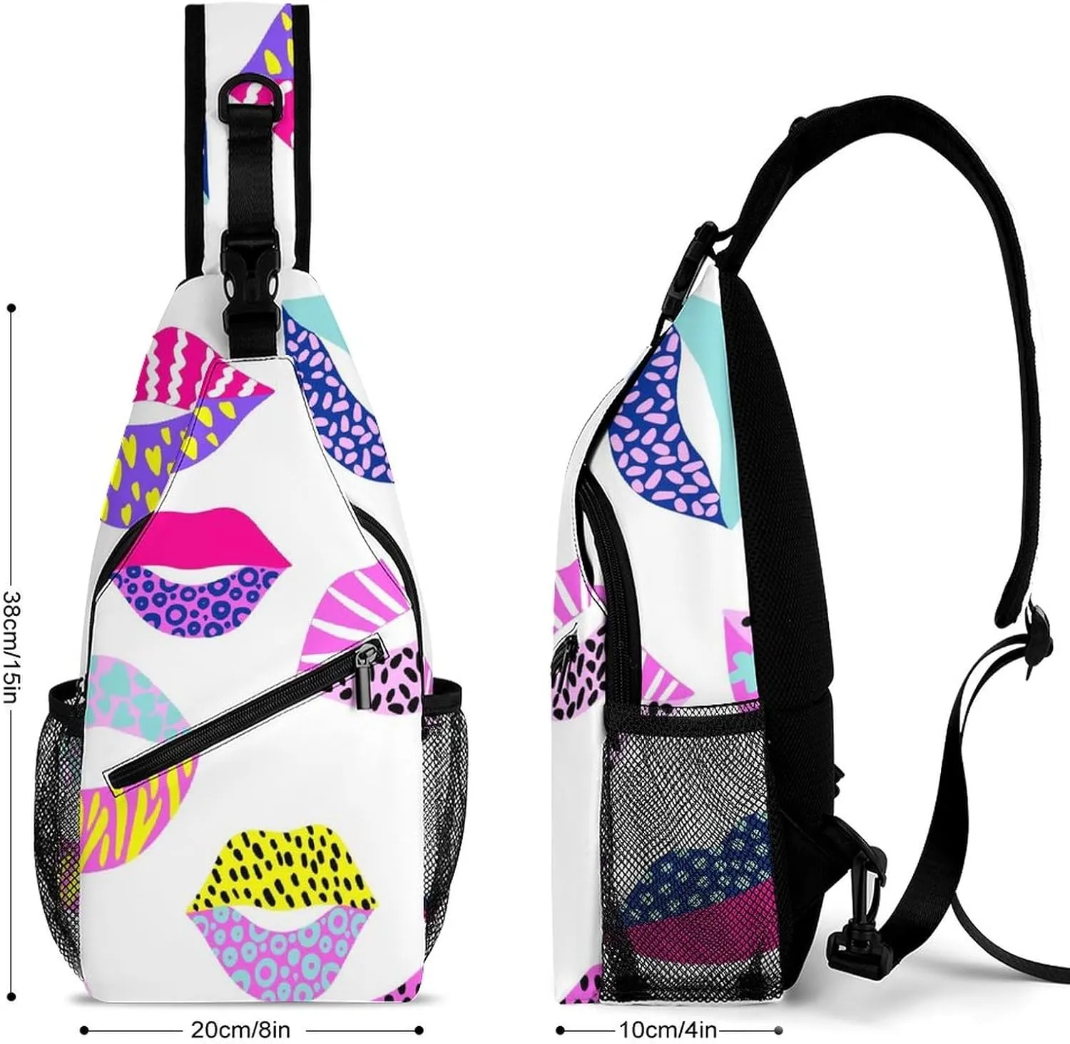 Sling Bag Colorful Lips Texture Crossbody Shoulder Backpack Cute Animal Print Adjustable Lightweight Travel Hiking Chest Bag for Men Women