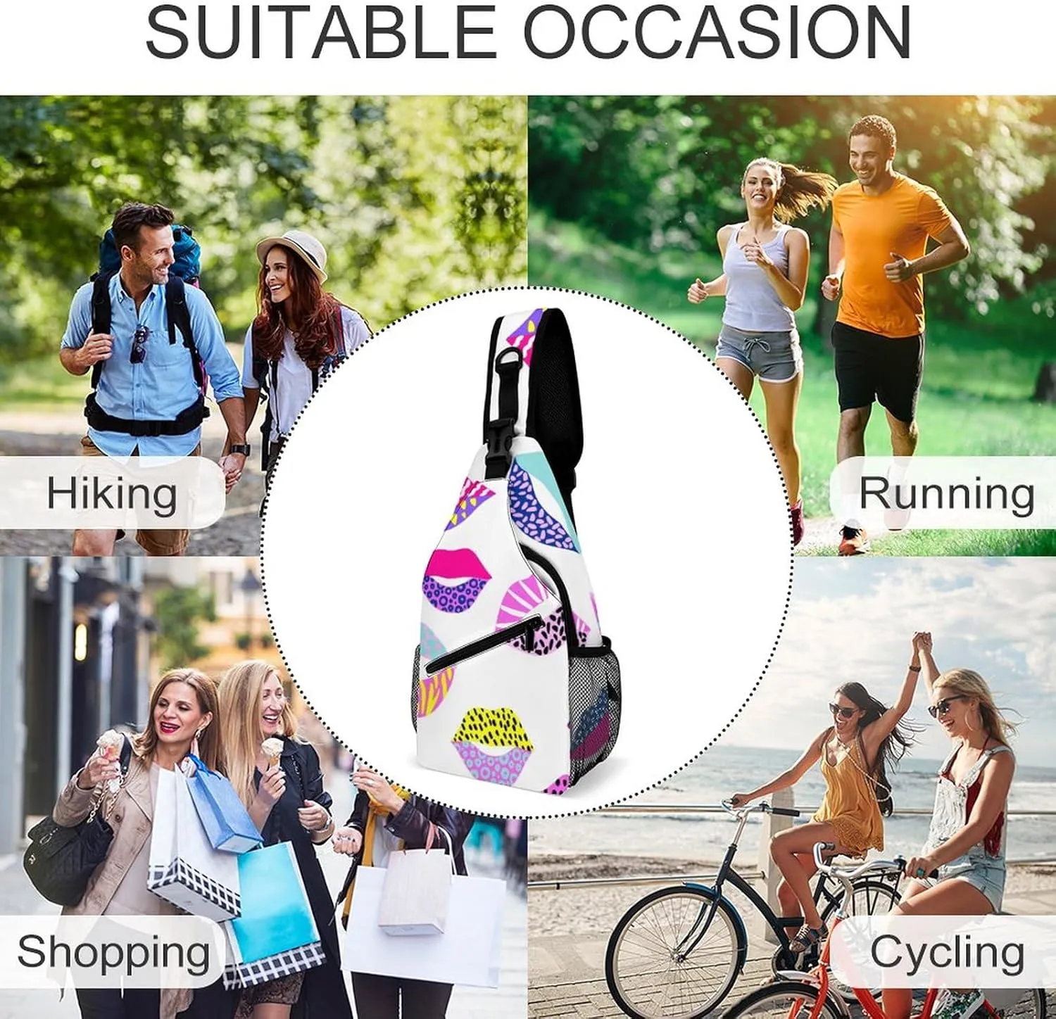 Sling Bag Colorful Lips Texture Crossbody Shoulder Backpack Cute Animal Print Adjustable Lightweight Travel Hiking Chest Bag for Men Women