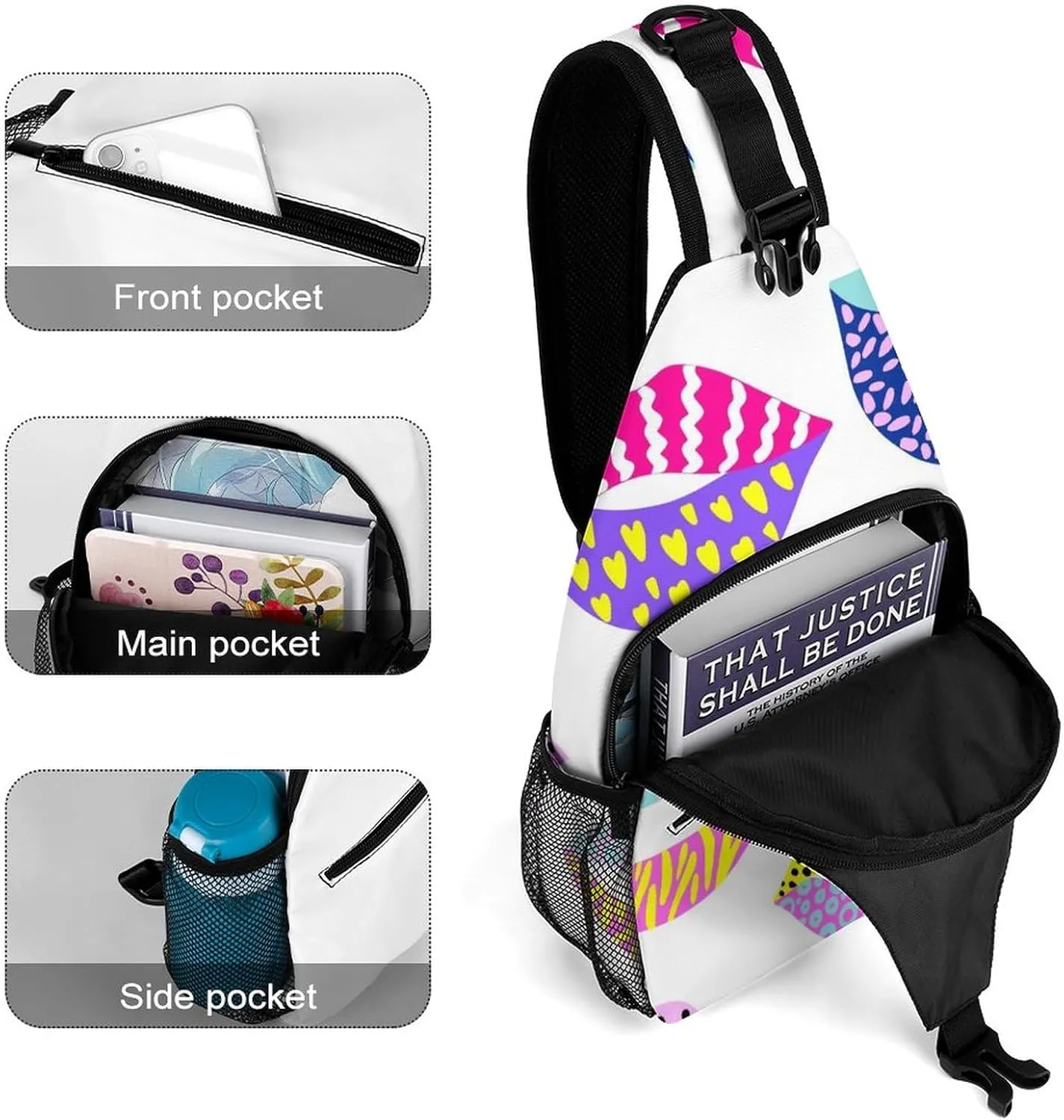 Sling Bag Colorful Lips Texture Crossbody Shoulder Backpack Cute Animal Print Adjustable Lightweight Travel Hiking Chest Bag for Men Women