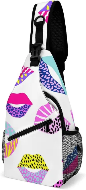 Sling Bag Colorful Lips Texture Crossbody Shoulder Backpack Cute Animal Print Adjustable Lightweight Travel Hiking Chest Bag for Men Women