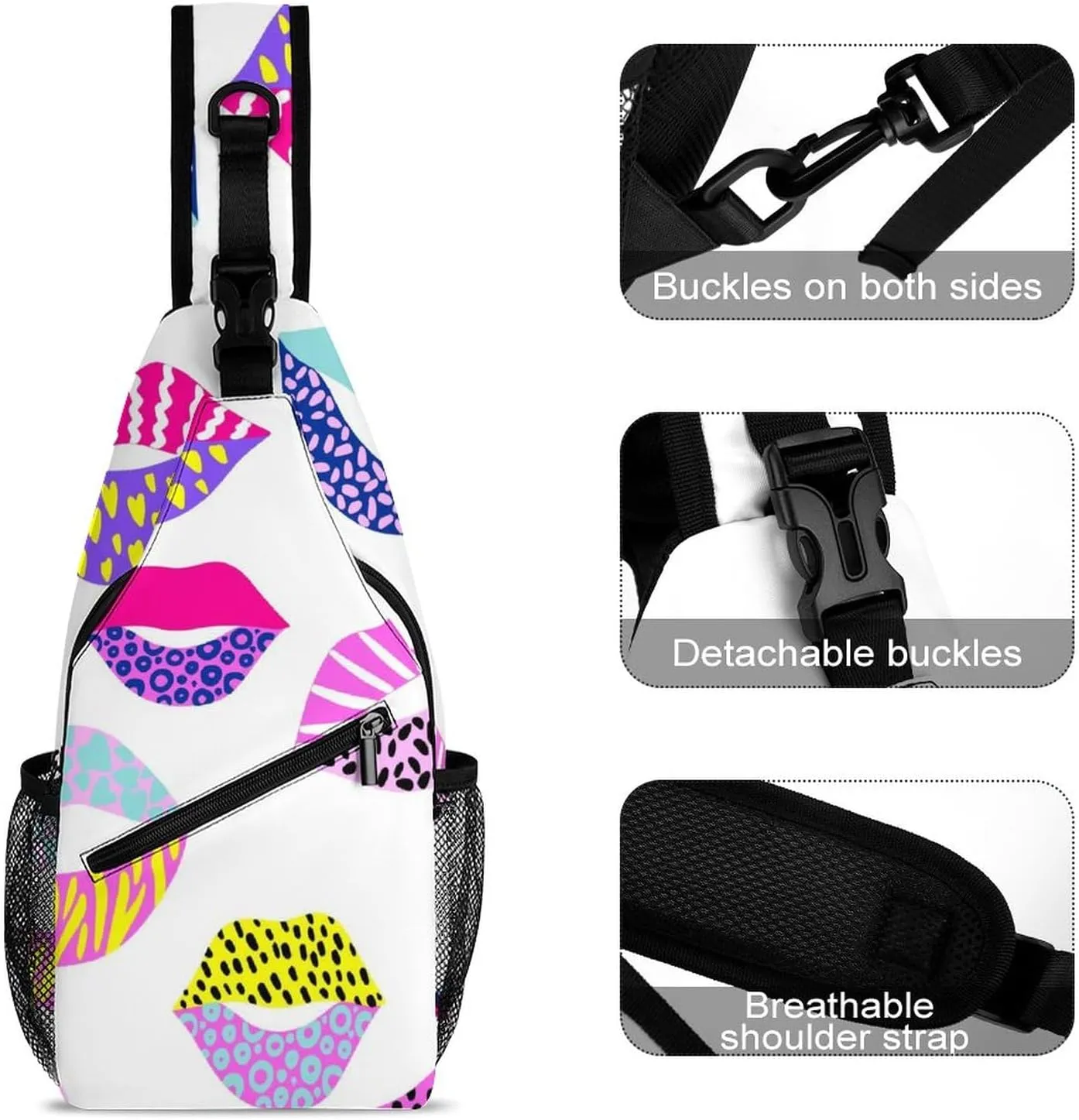 Sling Bag Colorful Lips Texture Crossbody Shoulder Backpack Cute Animal Print Adjustable Lightweight Travel Hiking Chest Bag for Men Women
