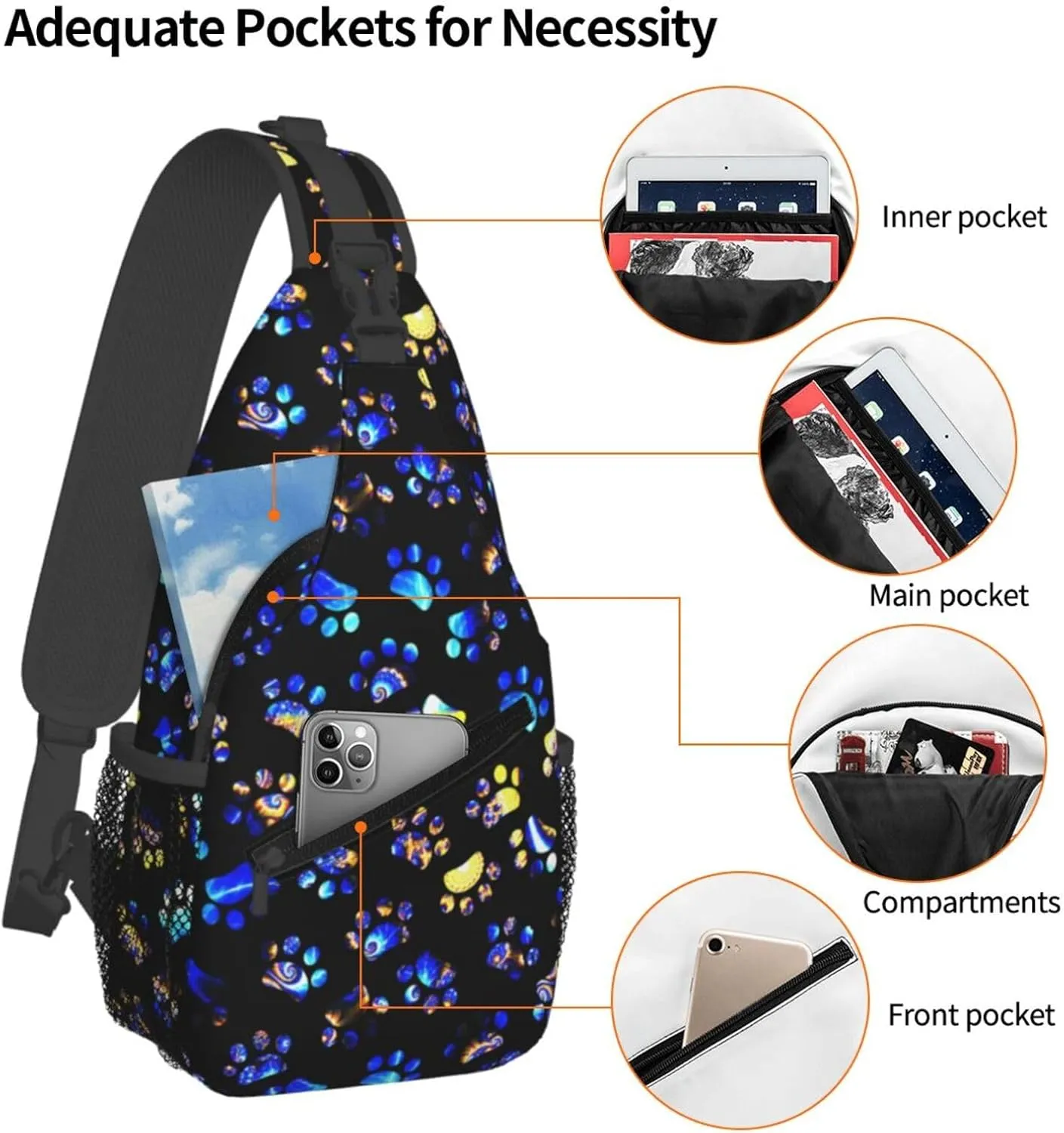 Sling Bag For Men Women Bright Dog Paws Footprint Animals Crossbody Shoulder Backpack Lightweight Chest Bags Casual Daypack For Travel Outdoor Sports