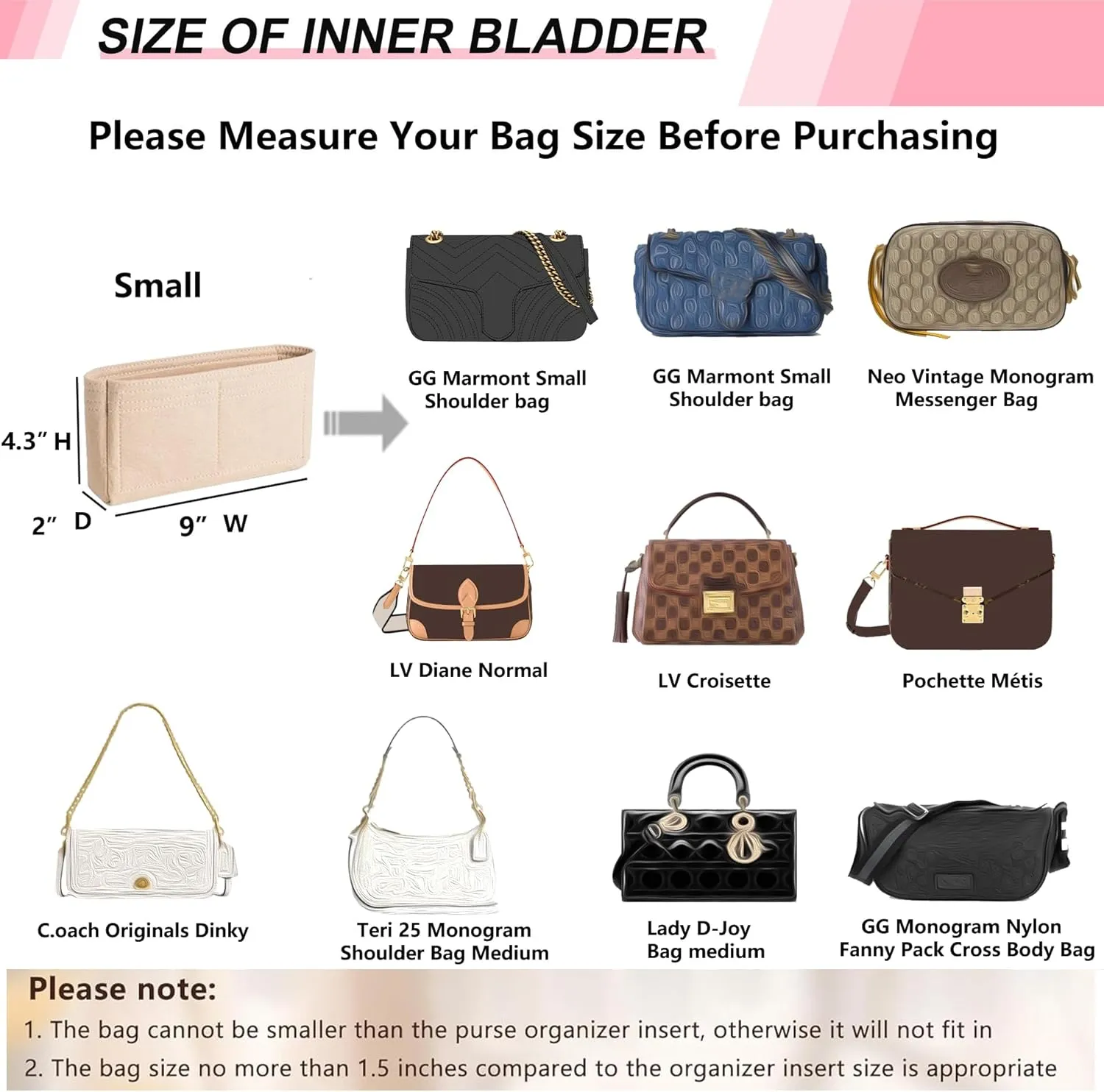 Small Purse Organizer Insert for GG Marmont Small Matelasse Shoulder Bags and More, Felt Handbag Organizer Tote Liner Pouch for Women Inner Bladder Bag Storage Bag(S, Black)