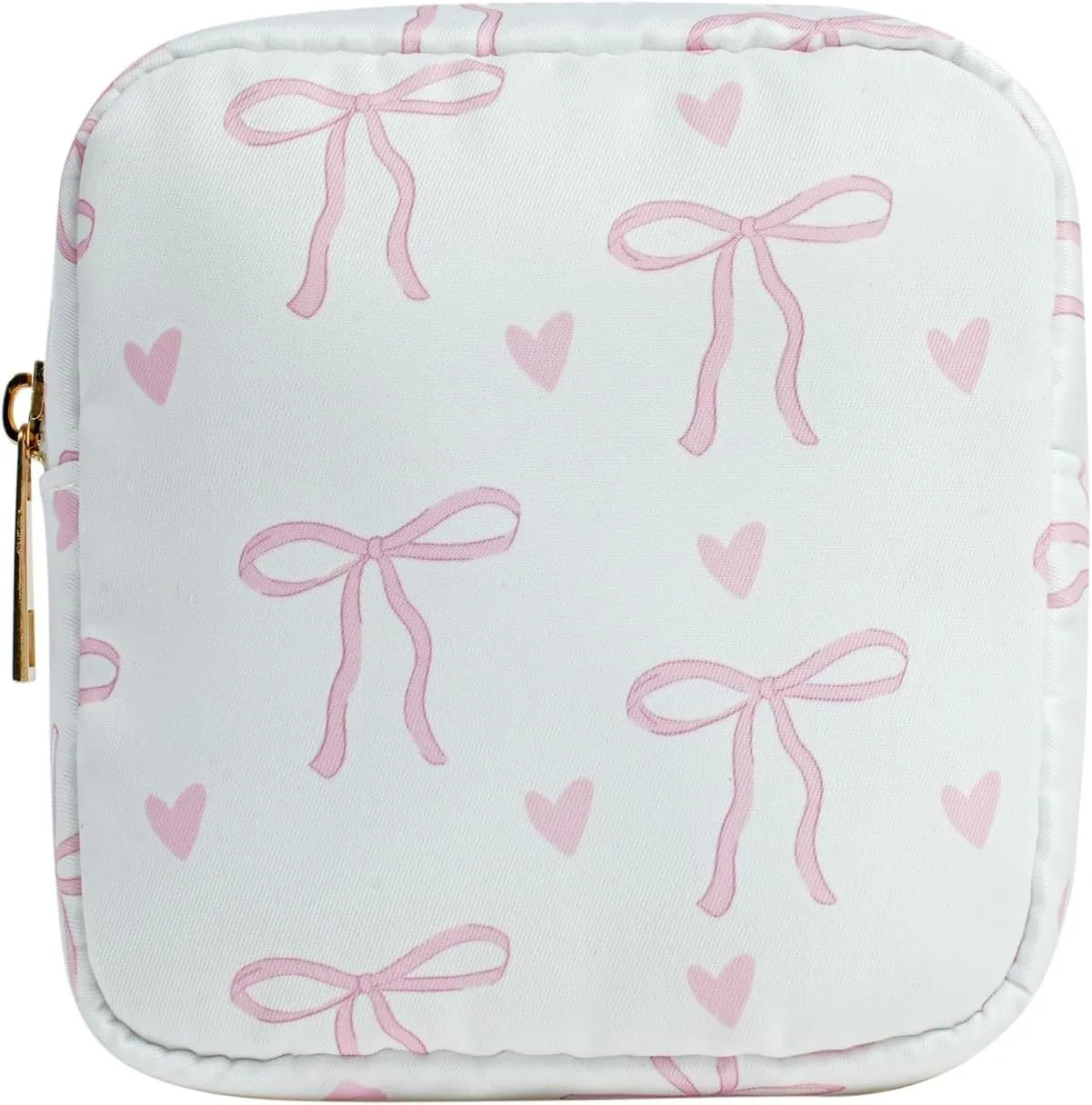Small Waterproof Nylon Makeup Bag with Bow Pattern, Aesthetic Cosmetics Pouch and Toiletry Bag for Travel, Cute Makeup Organizer Storage Pouch for Women Girls(01Heart Bow)