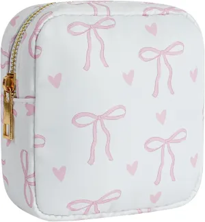 Small Waterproof Nylon Makeup Bag with Bow Pattern, Aesthetic Cosmetics Pouch and Toiletry Bag for Travel, Cute Makeup Organizer Storage Pouch for Women Girls(01Heart Bow)