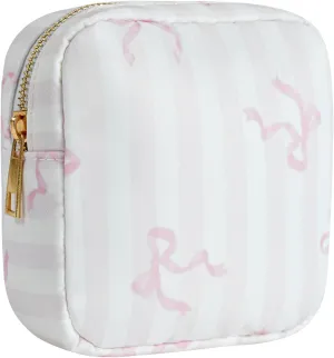 Small Waterproof Nylon Makeup Bag with Bow Pattern, Aesthetic Cosmetics Pouch and Toiletry Bag for Travel, Cute Makeup Organizer Storage Pouch for Women Girls(02Striped Bow)