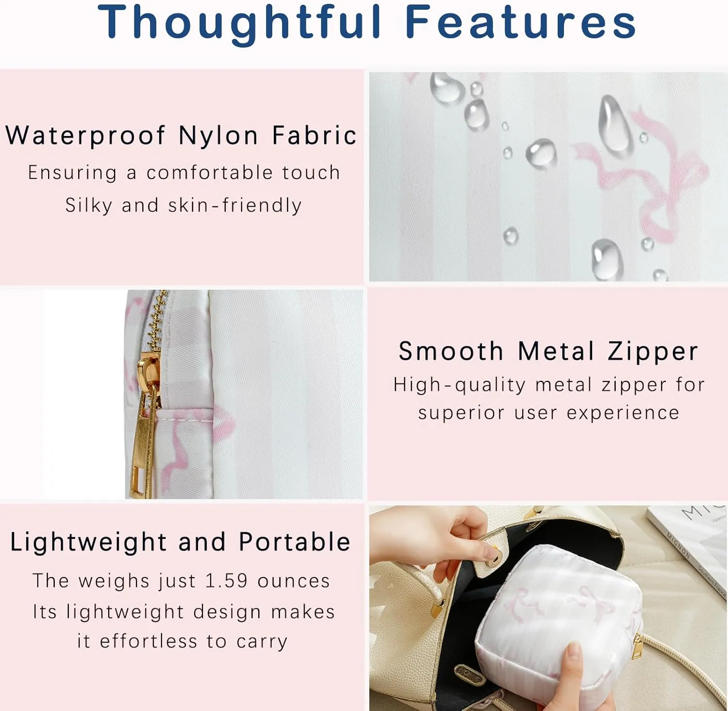 Small Waterproof Nylon Makeup Bag with Bow Pattern, Aesthetic Cosmetics Pouch and Toiletry Bag for Travel, Cute Makeup Organizer Storage Pouch for Women Girls(02Striped Bow)