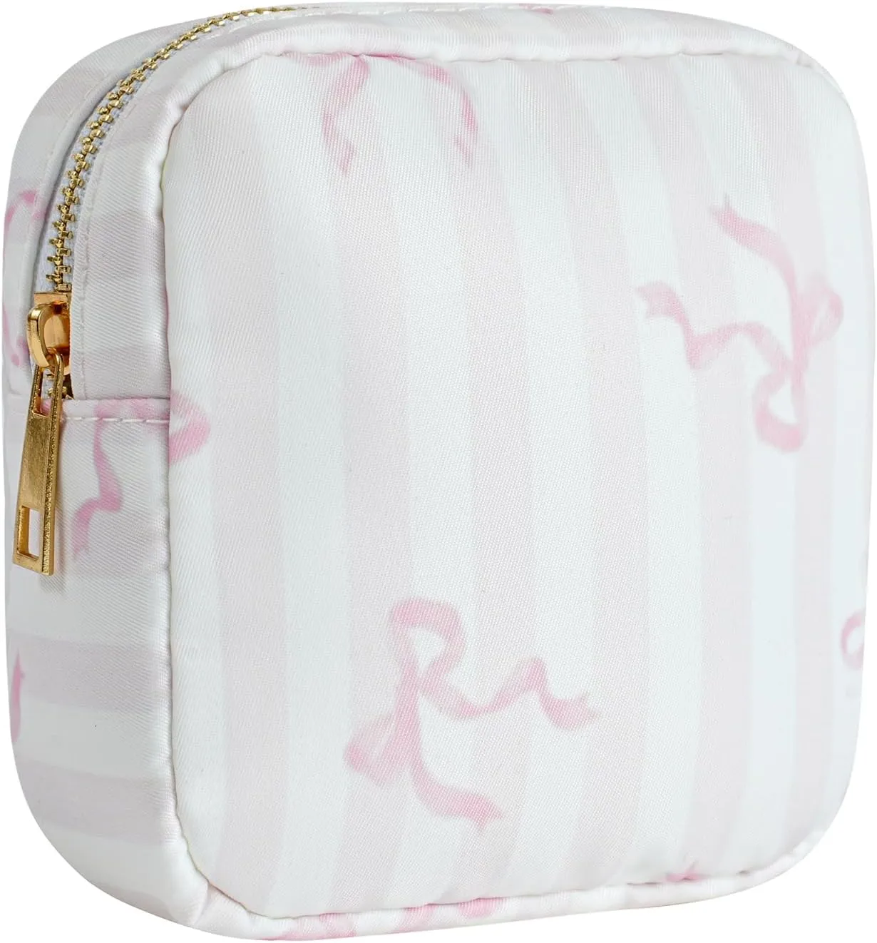 Small Waterproof Nylon Makeup Bag with Bow Pattern, Aesthetic Cosmetics Pouch and Toiletry Bag for Travel, Cute Makeup Organizer Storage Pouch for Women Girls(02Striped Bow)