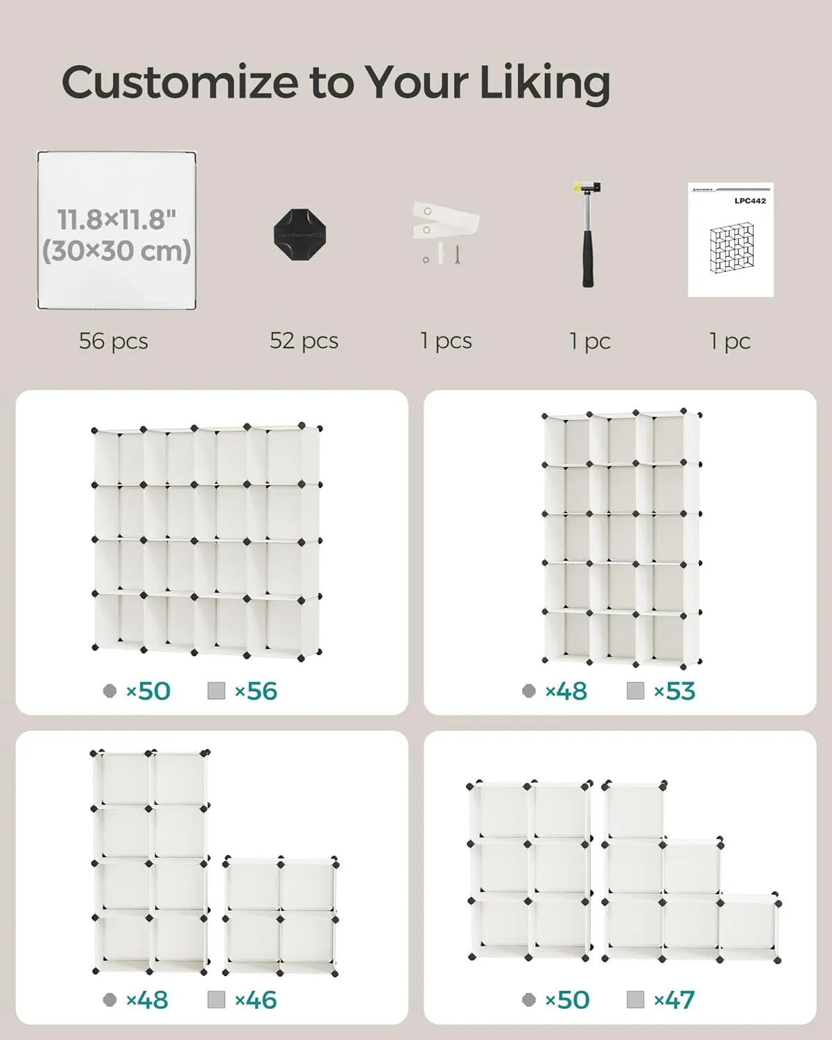 SONGMICS Cube Storage Organizer, Set of 16 Plastic Cubes, Closet Organizers and Storage, Room Organization, Bedroom Living Room, 12.2 x 48.4 x 48.4 Inches, Cream White ULPC442M01