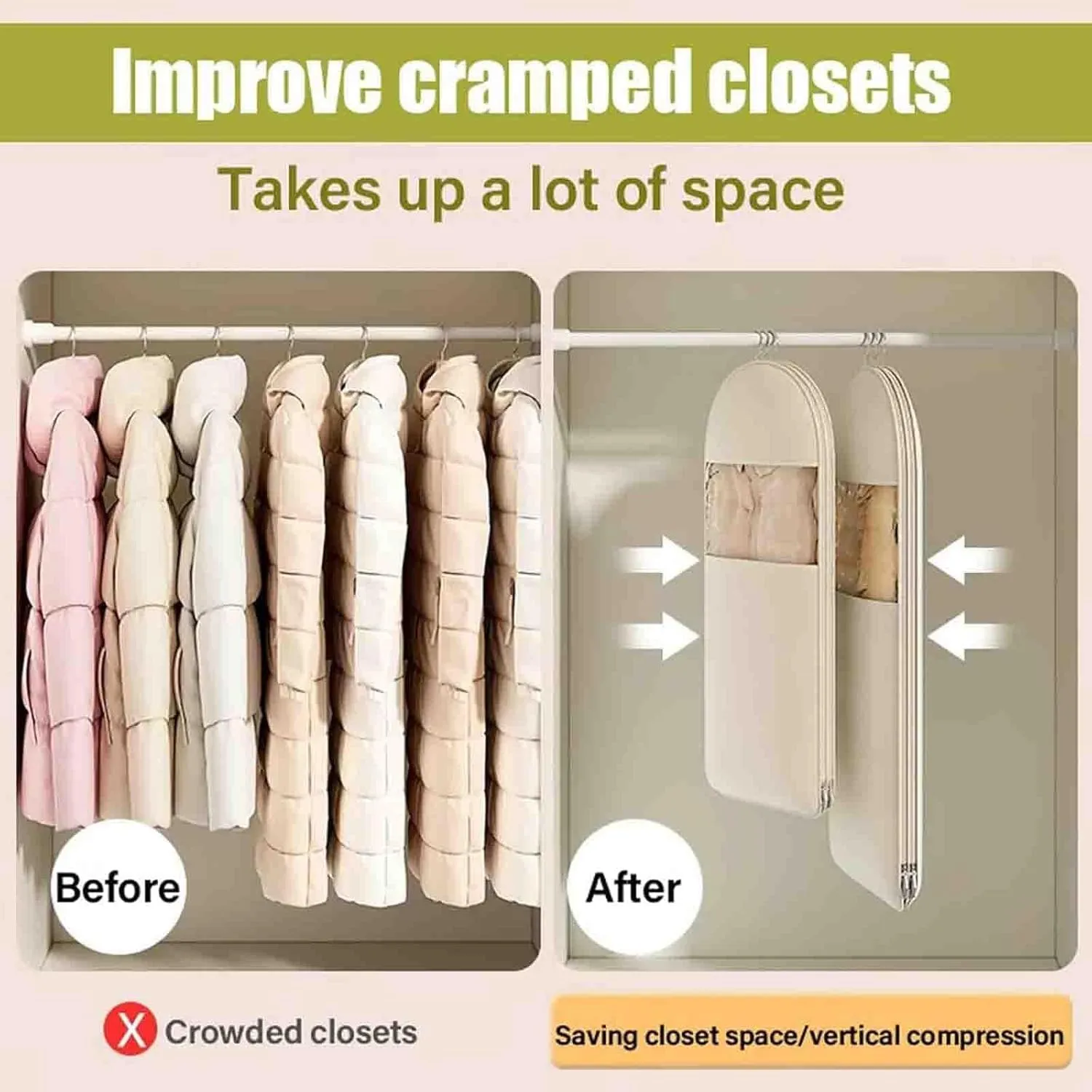 Space Saving Hanging Garment Bag with Self Compression Zipper, Garment Bags for Travel, 35/43/51in Garment Bags for Hanging Clothes, Coats, Jackets, Shirts (Beige, 51IN)