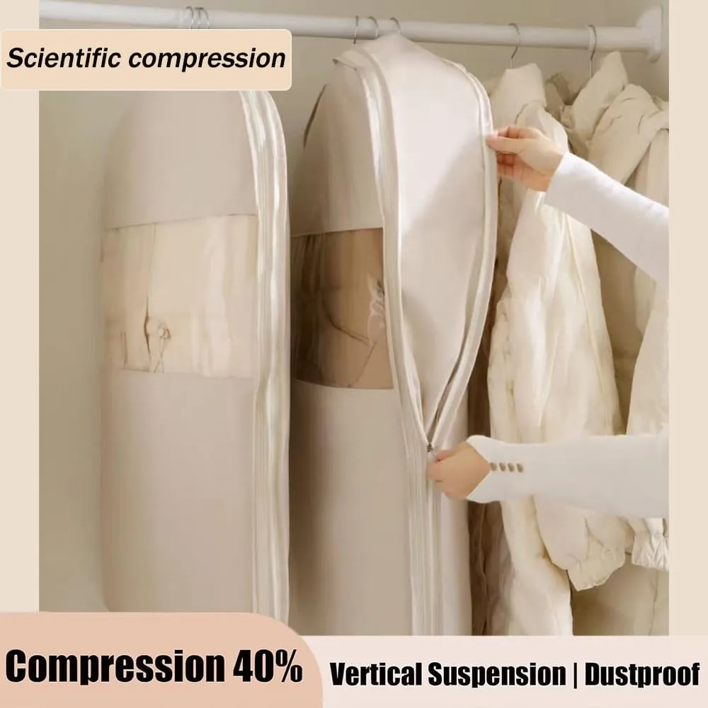 Space Saving Hanging Garment Bag with Self Compression Zipper, Garment Bags for Travel, 35/43/51in Garment Bags for Hanging Clothes, Coats, Jackets, Shirts (Beige, 51IN)