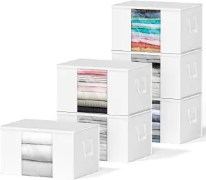 SpaceAid 6 Pack 90L Clothing Storage Bags, Heavy Duty Closet Storage Bins, Extra Large Moving bags, Storage Containers for Clothes, Blankets, Comforters, and Pillows - White